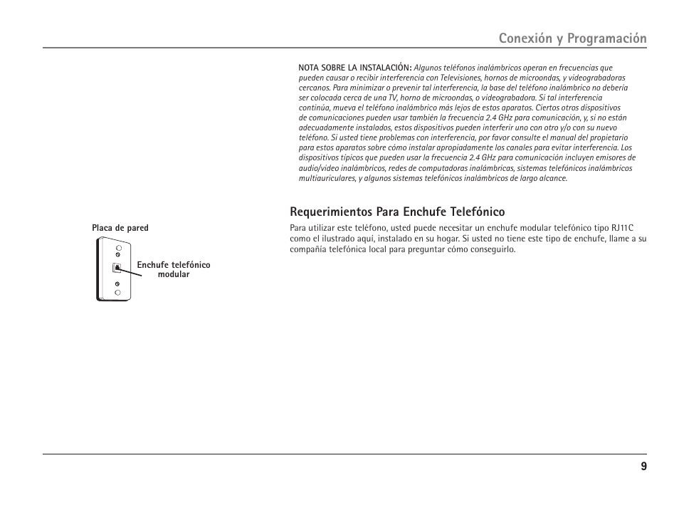 Conexión y programación, Requerimientos para enchufe telefónico | RCA ViSYS 25110 User Manual | Page 55 / 92