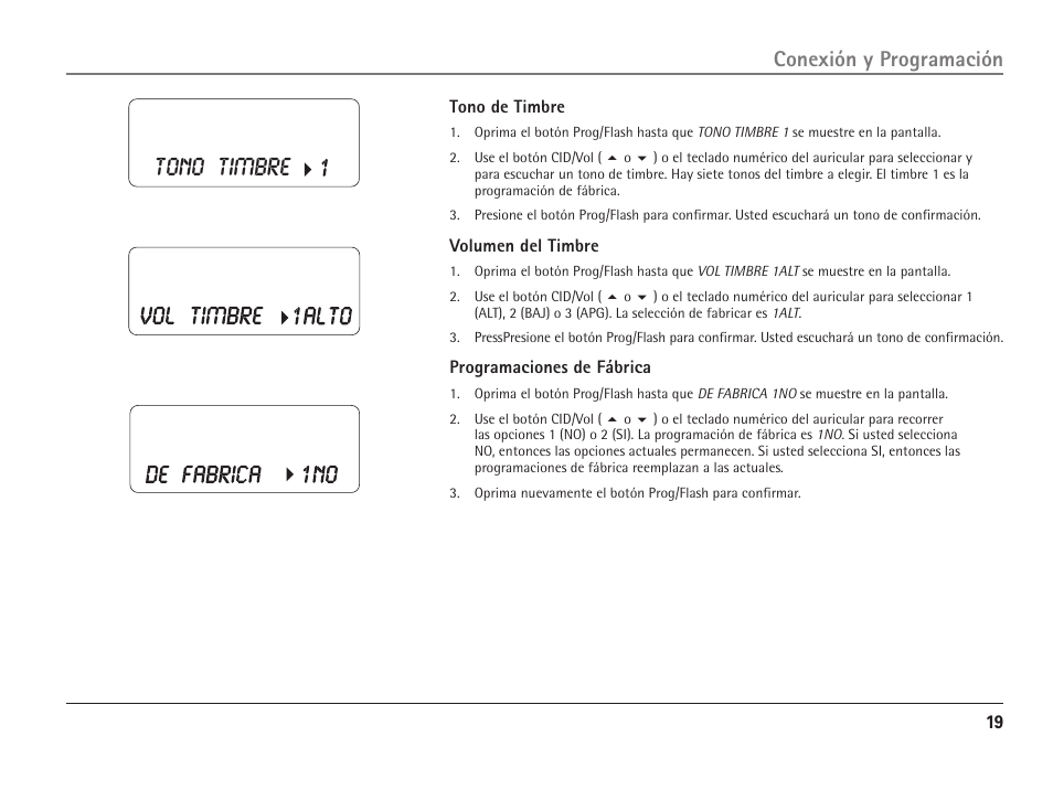 Tono timbre, Conexión y programación | RCA ViSYS 25110 User Manual | Page 65 / 92