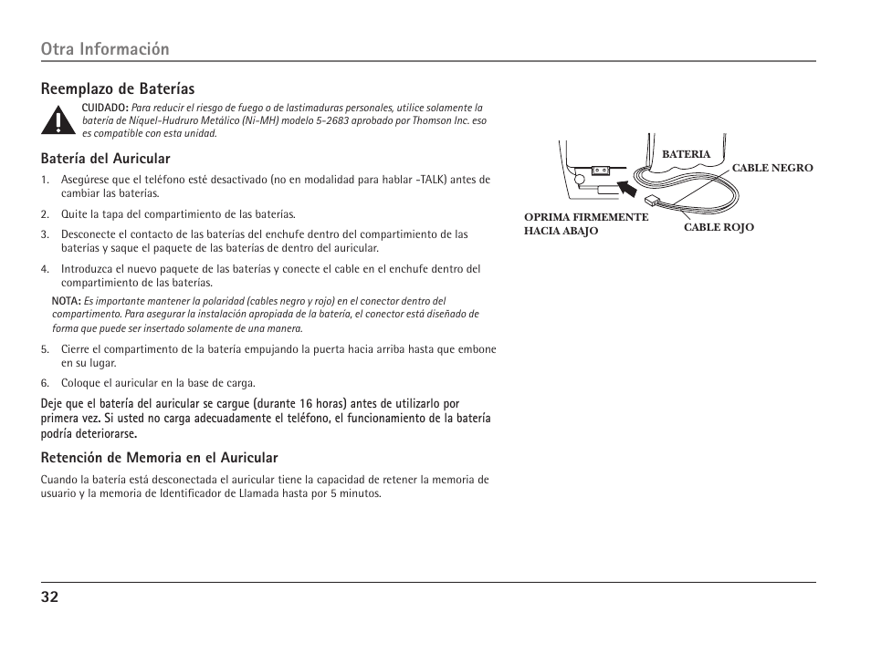 Otra información, Reemplazo de baterías | RCA ViSYS 25110 User Manual | Page 78 / 92