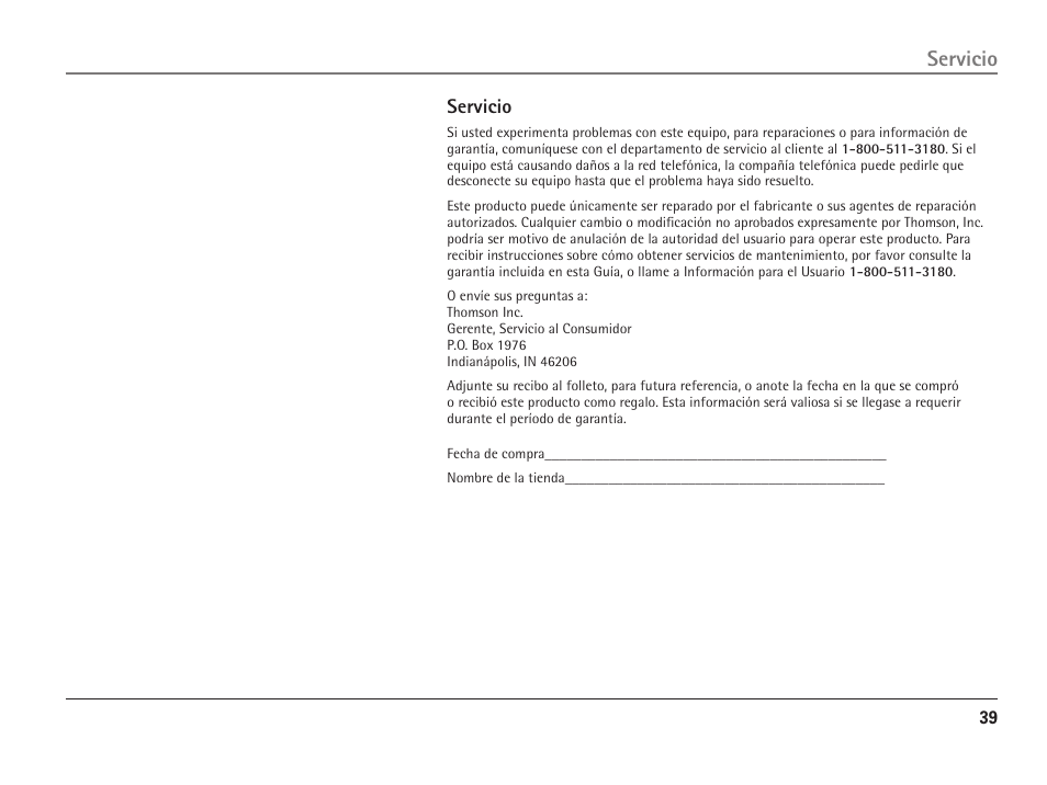 Servicio | RCA ViSYS 25110 User Manual | Page 85 / 92