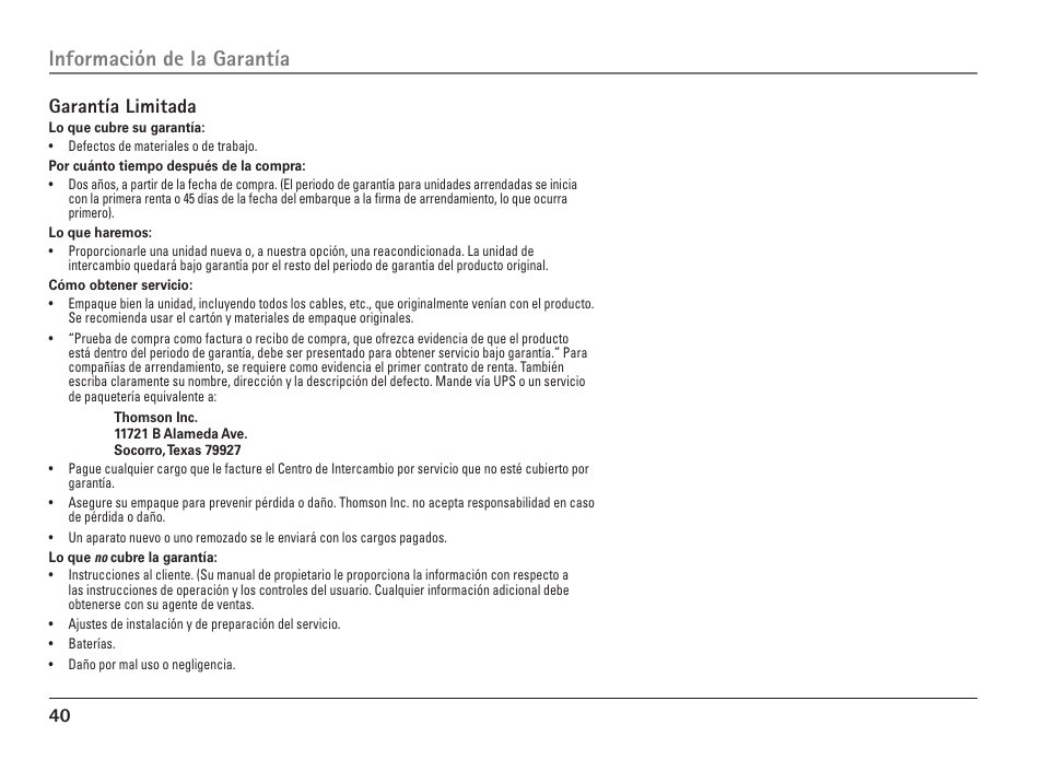 Información de la garantía, Garantía limitada | RCA ViSYS 25110 User Manual | Page 86 / 92