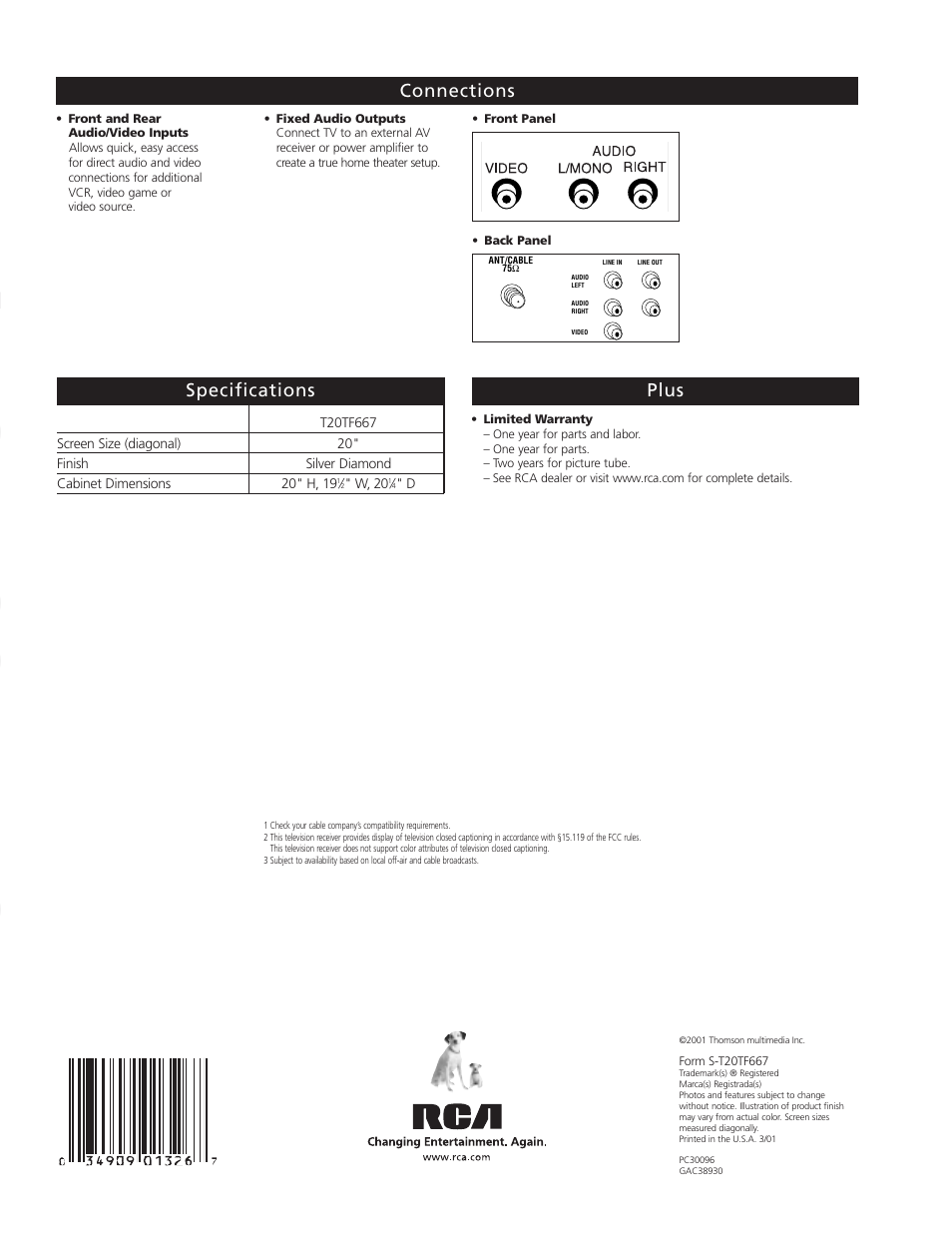 Tv/ vcr combo | RCA TruFlat T20TF667 User Manual | Page 4 / 4