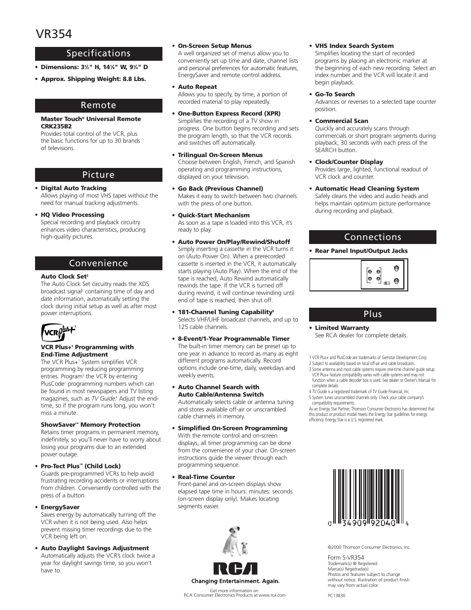 Vr354, Specifications, Remote | Picture, Convenience, Connections, Plus | RCA VCR VR354 User Manual | Page 2 / 2