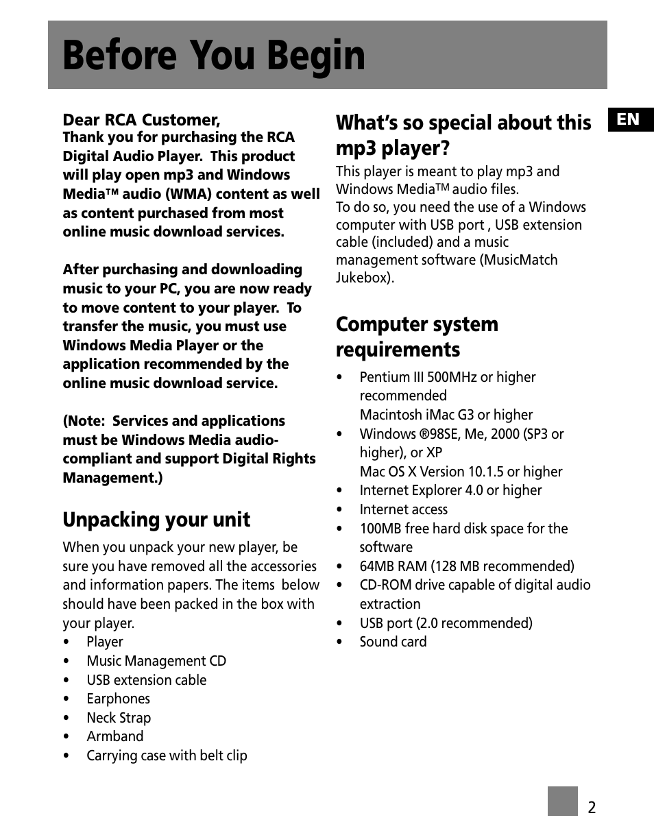 Before you begin, Unpacking your unit, What’s so special about this mp3 player | Computer system requirements | RCA M200256 User Manual | Page 11 / 48