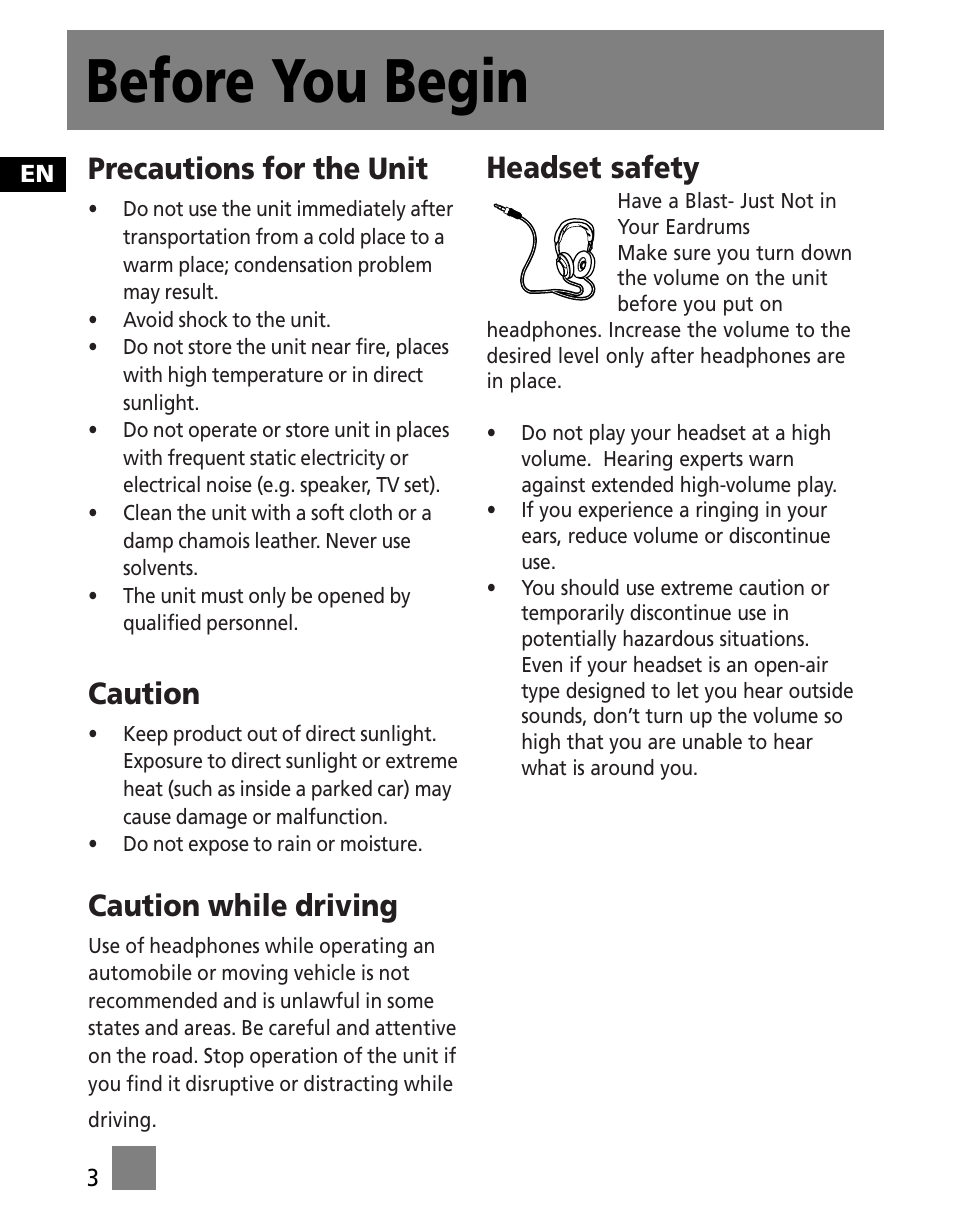 Precautions for the unit, Caution, Caution while driving | Headset safety, Before you begin | RCA M200256 User Manual | Page 12 / 48