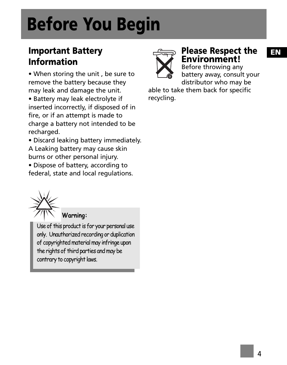 Important battery information, Please respect the environment, Before you begin | RCA M200256 User Manual | Page 13 / 48