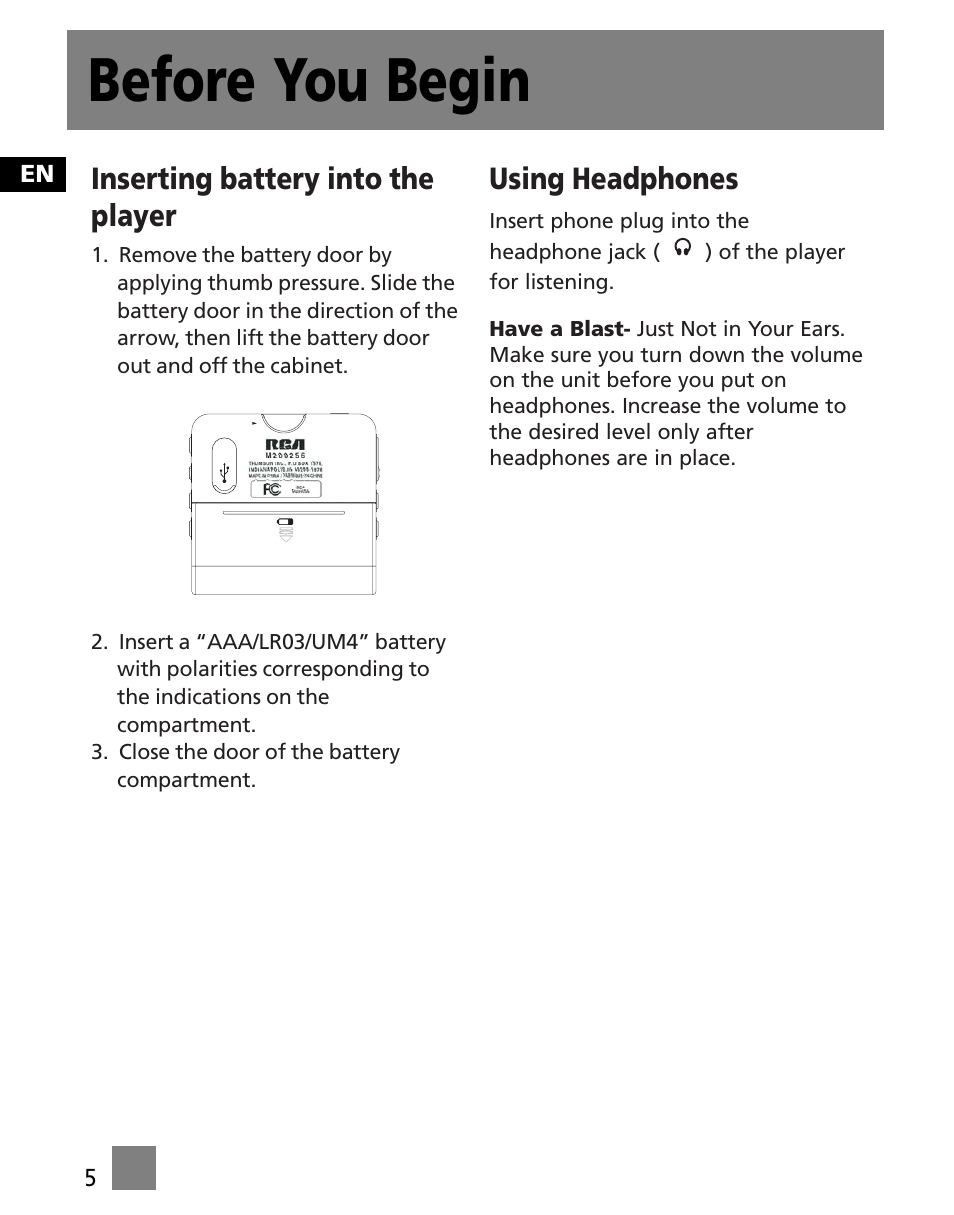 Inserting battery into the player, Using headphones, Before you begin | RCA M200256 User Manual | Page 14 / 48