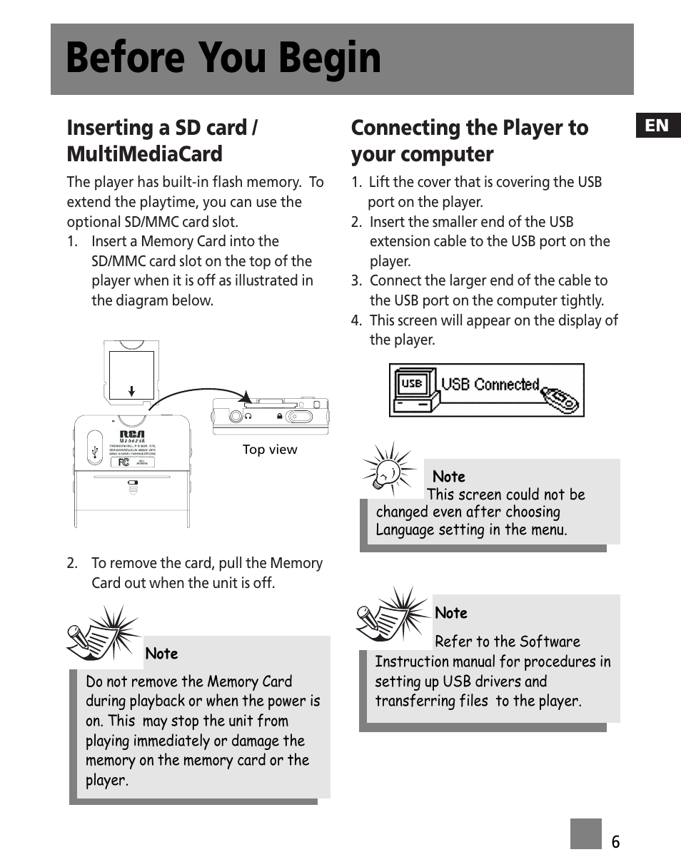 Inserting a sd card / multimediacard, Connecting the player to your computer, Before you begin | RCA M200256 User Manual | Page 15 / 48