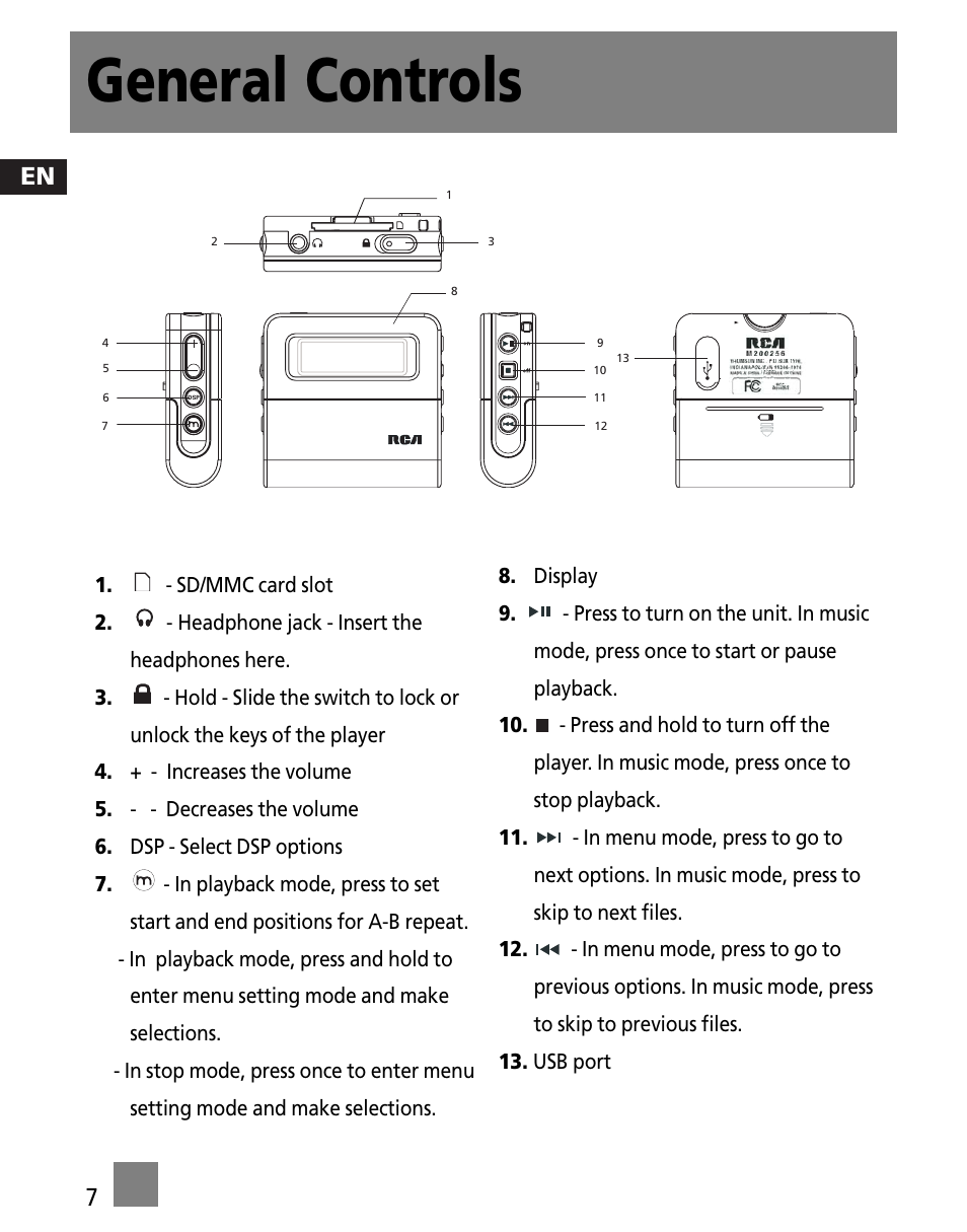 General controls, En 7 | RCA M200256 User Manual | Page 16 / 48