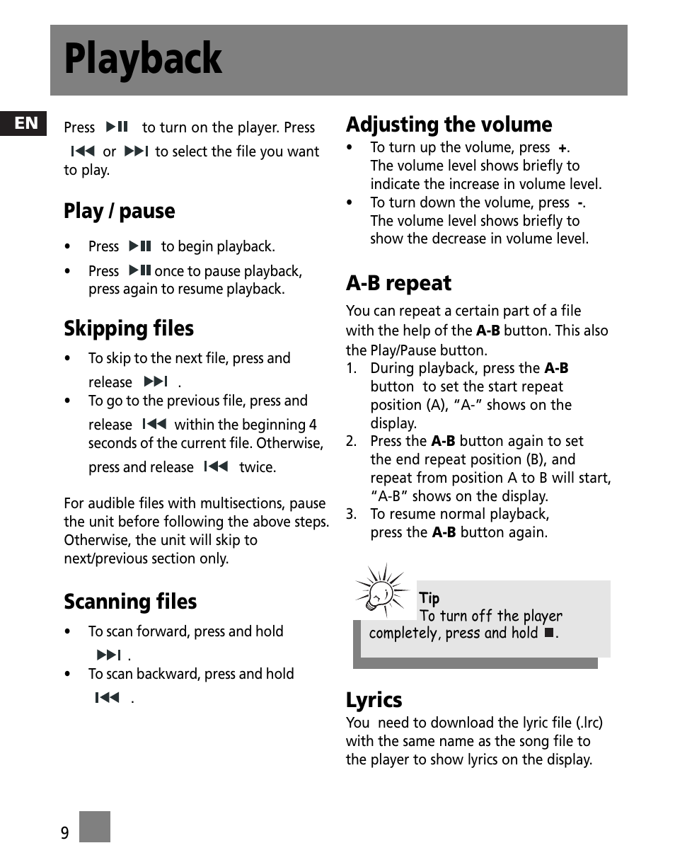 Playback, Play / pause, Skipping files | Scanning files, Adjusting the volume, A-b repeat, Lyrics | RCA M200256 User Manual | Page 18 / 48