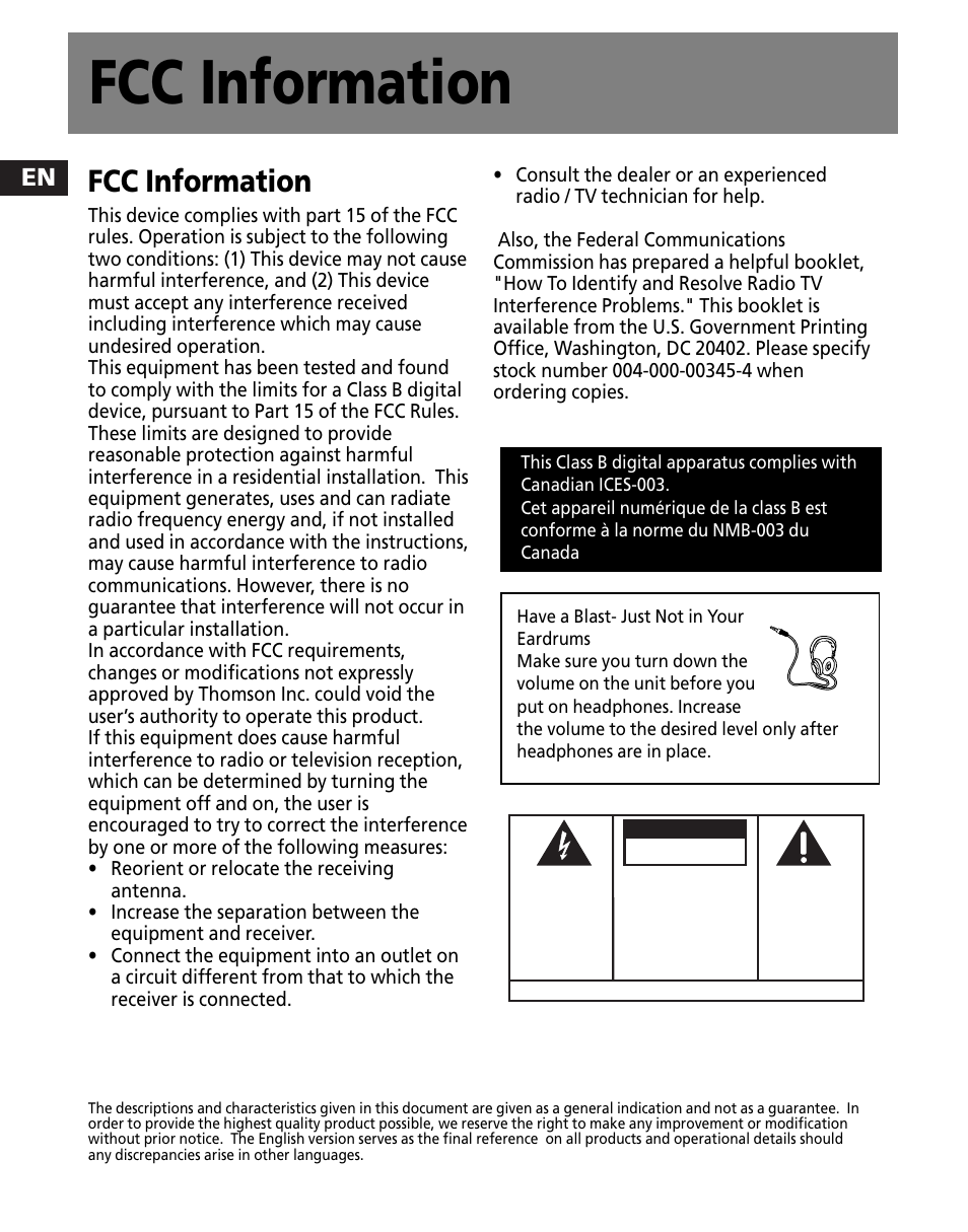 Fcc information | RCA M200256 User Manual | Page 2 / 48