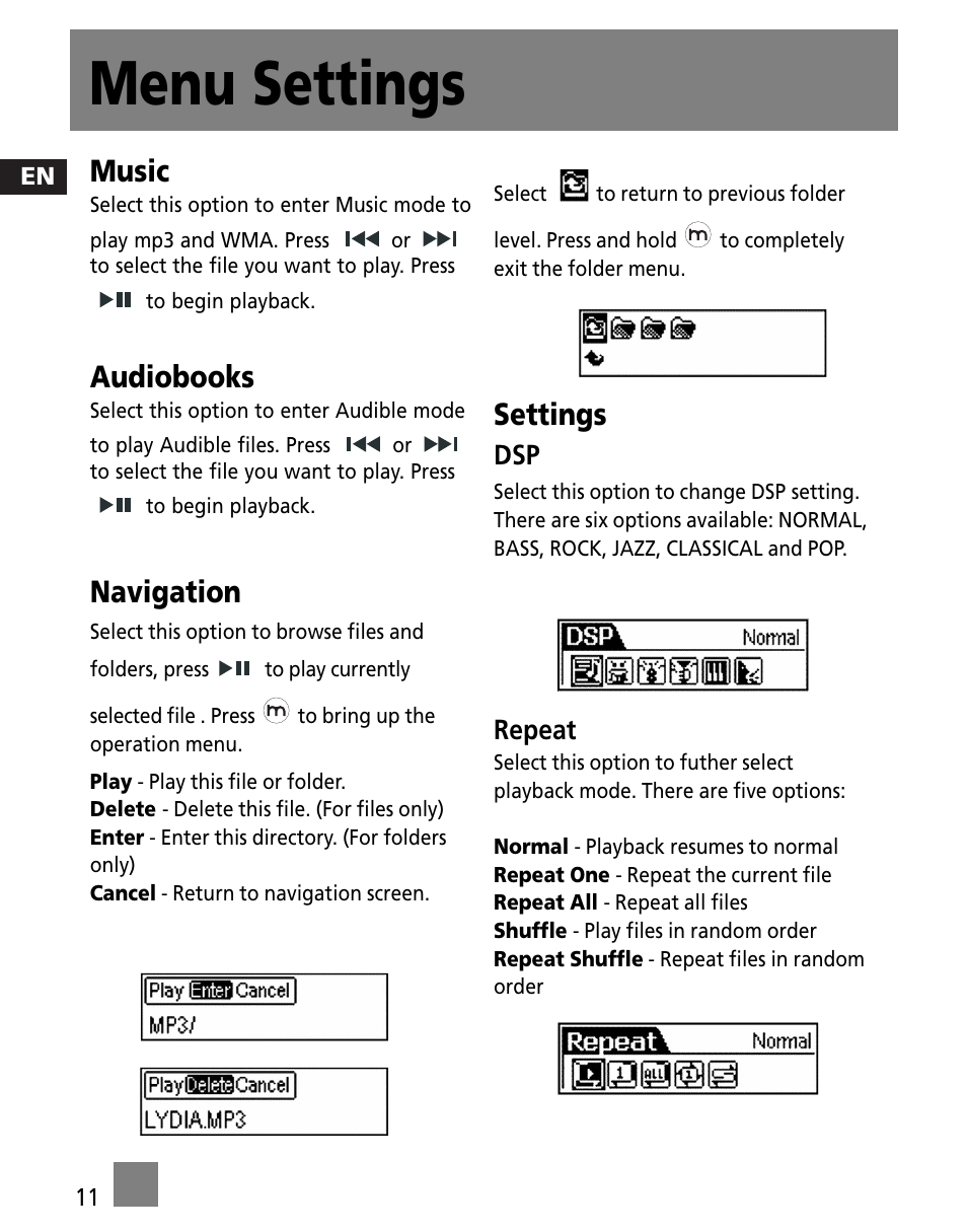 Menu settings, Music, Audiobooks | Navigation, Settings | RCA M200256 User Manual | Page 20 / 48