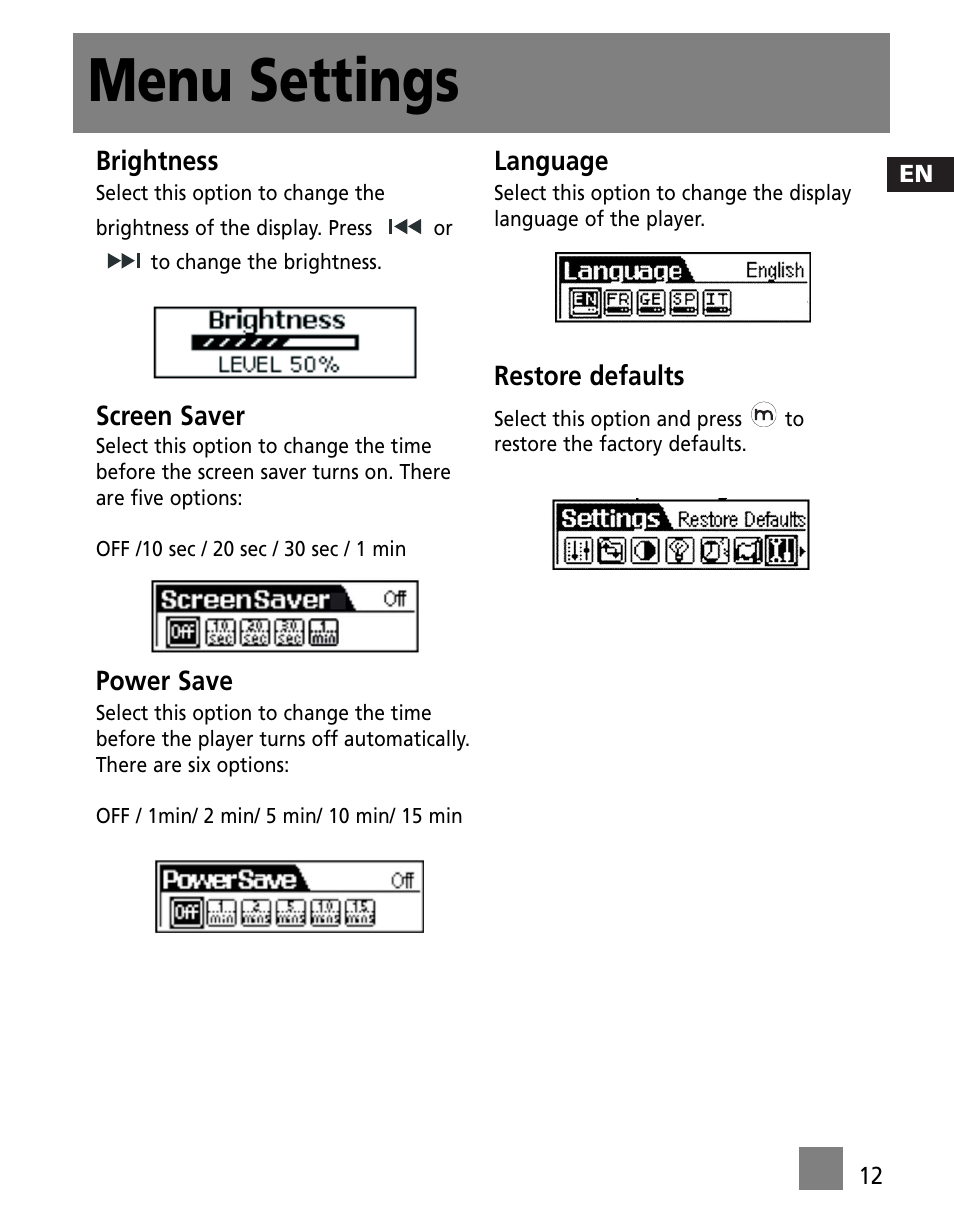 Menu settings | RCA M200256 User Manual | Page 21 / 48