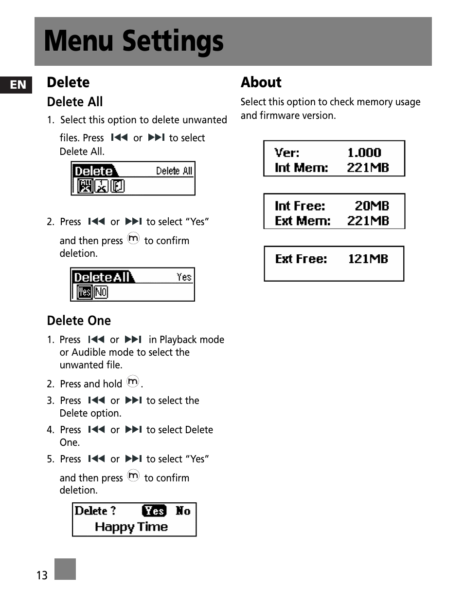 Menu settings, Delete, About | Delete all, Delete one | RCA M200256 User Manual | Page 22 / 48