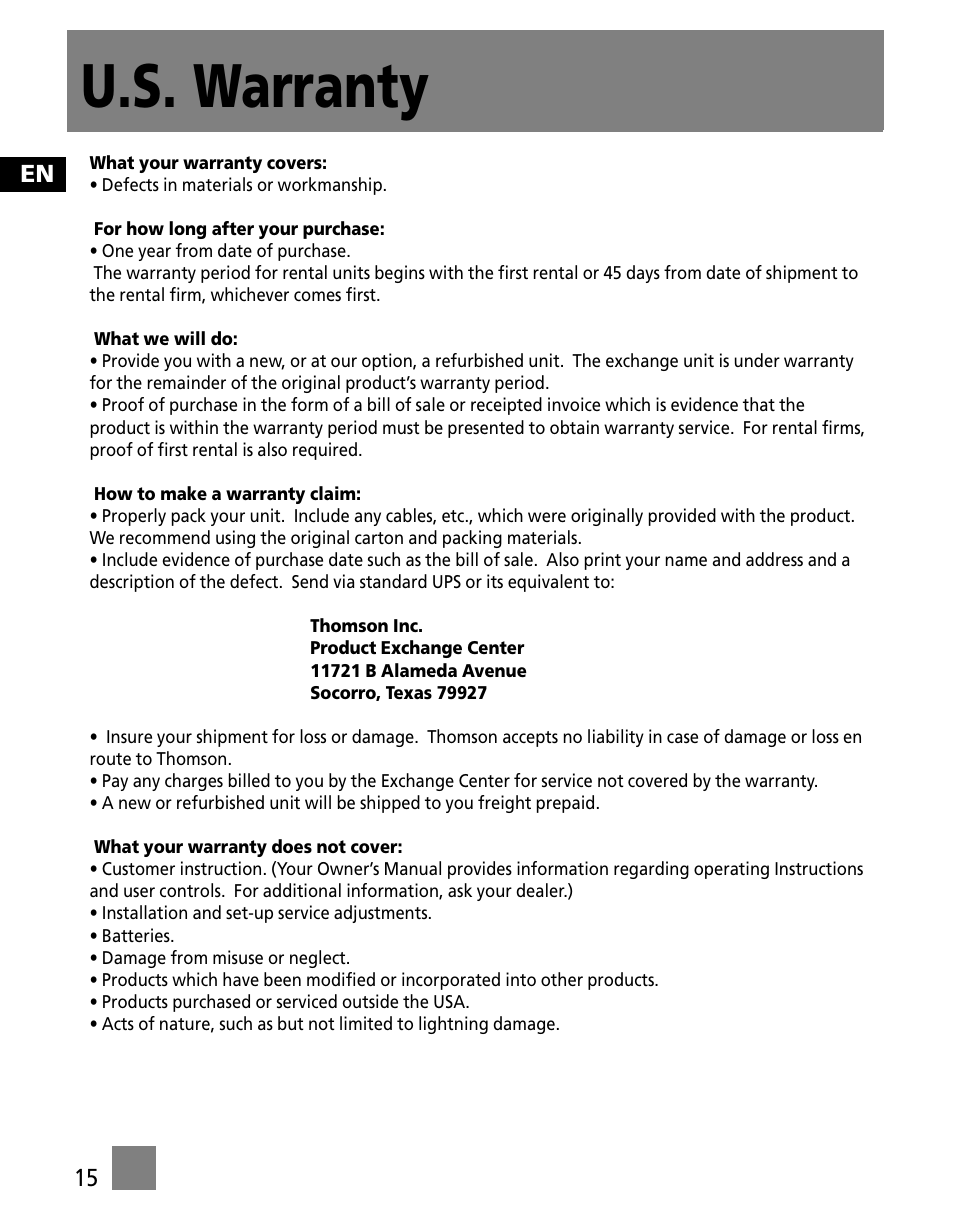 U.s. warranty | RCA M200256 User Manual | Page 24 / 48