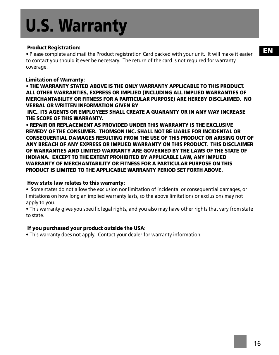 U.s. warranty | RCA M200256 User Manual | Page 25 / 48