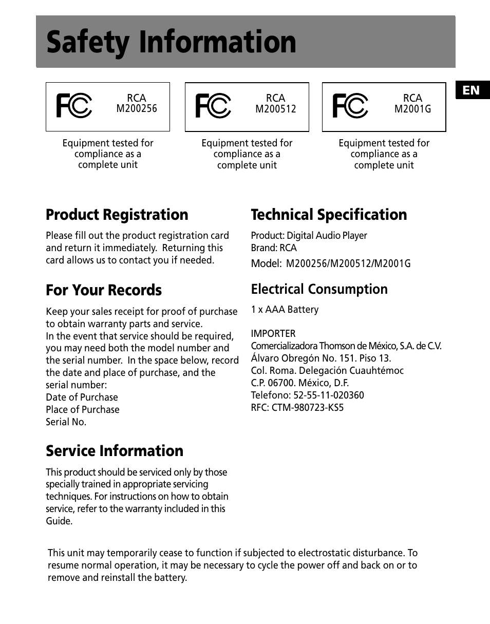 Safety information, Product registration, For your records | Service information, Technical specification, Electrical consumption | RCA M200256 User Manual | Page 3 / 48