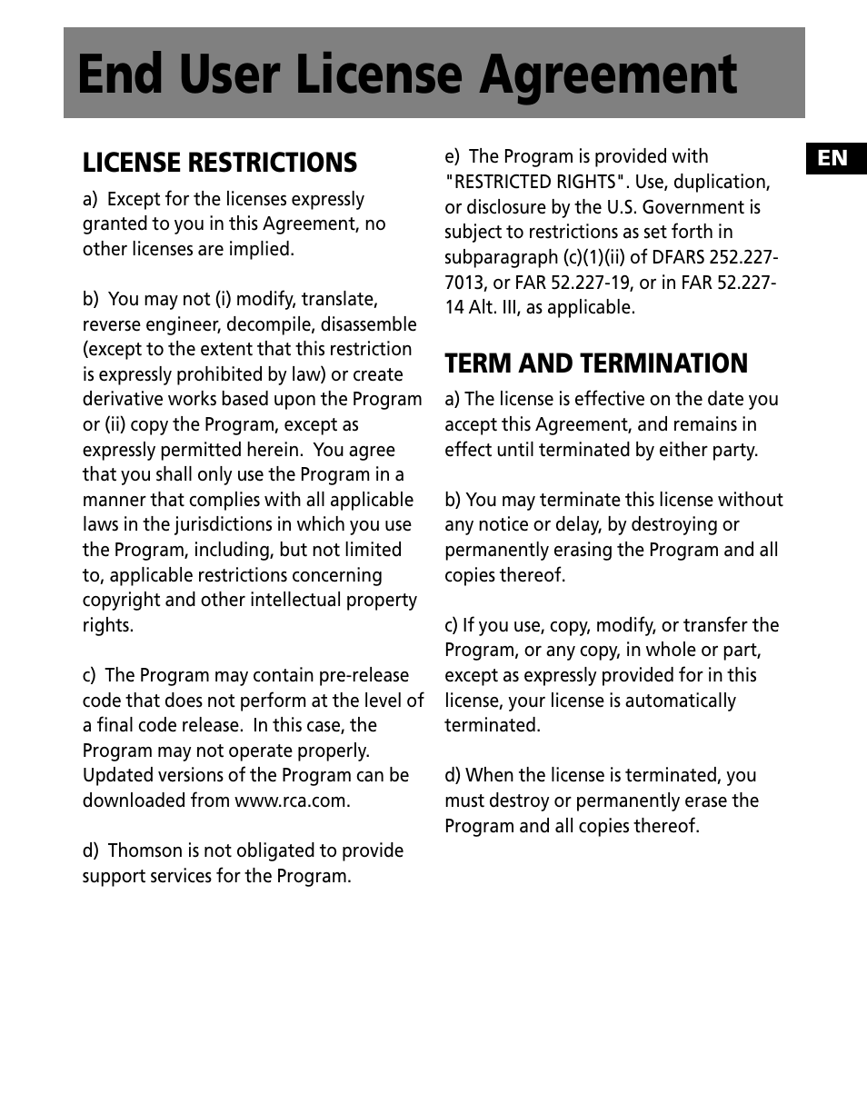 End user license agreement, License restrictions, Term and termination | RCA M200256 User Manual | Page 30 / 48