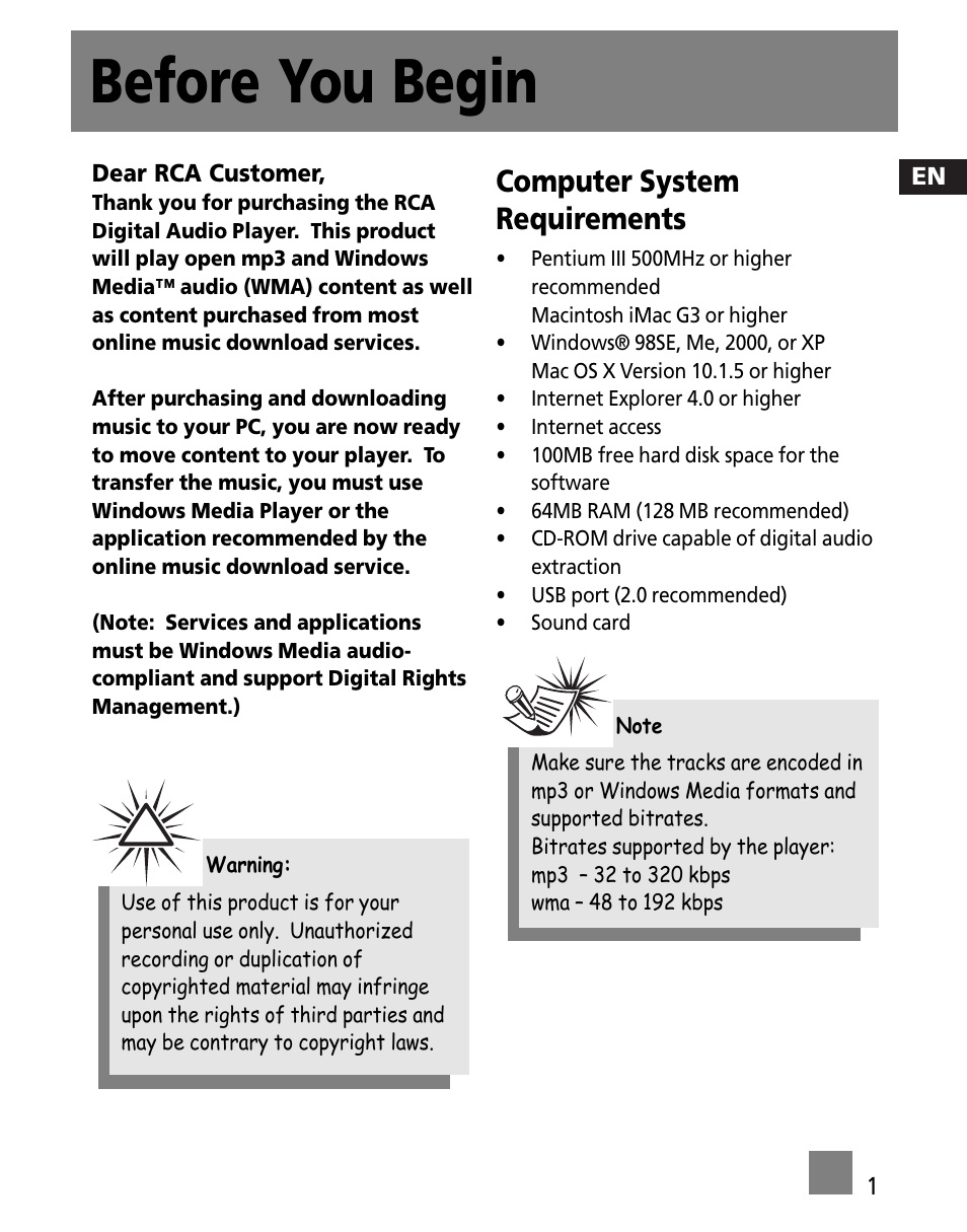 Before you begin, Computer system requirements | RCA M200256 User Manual | Page 36 / 48