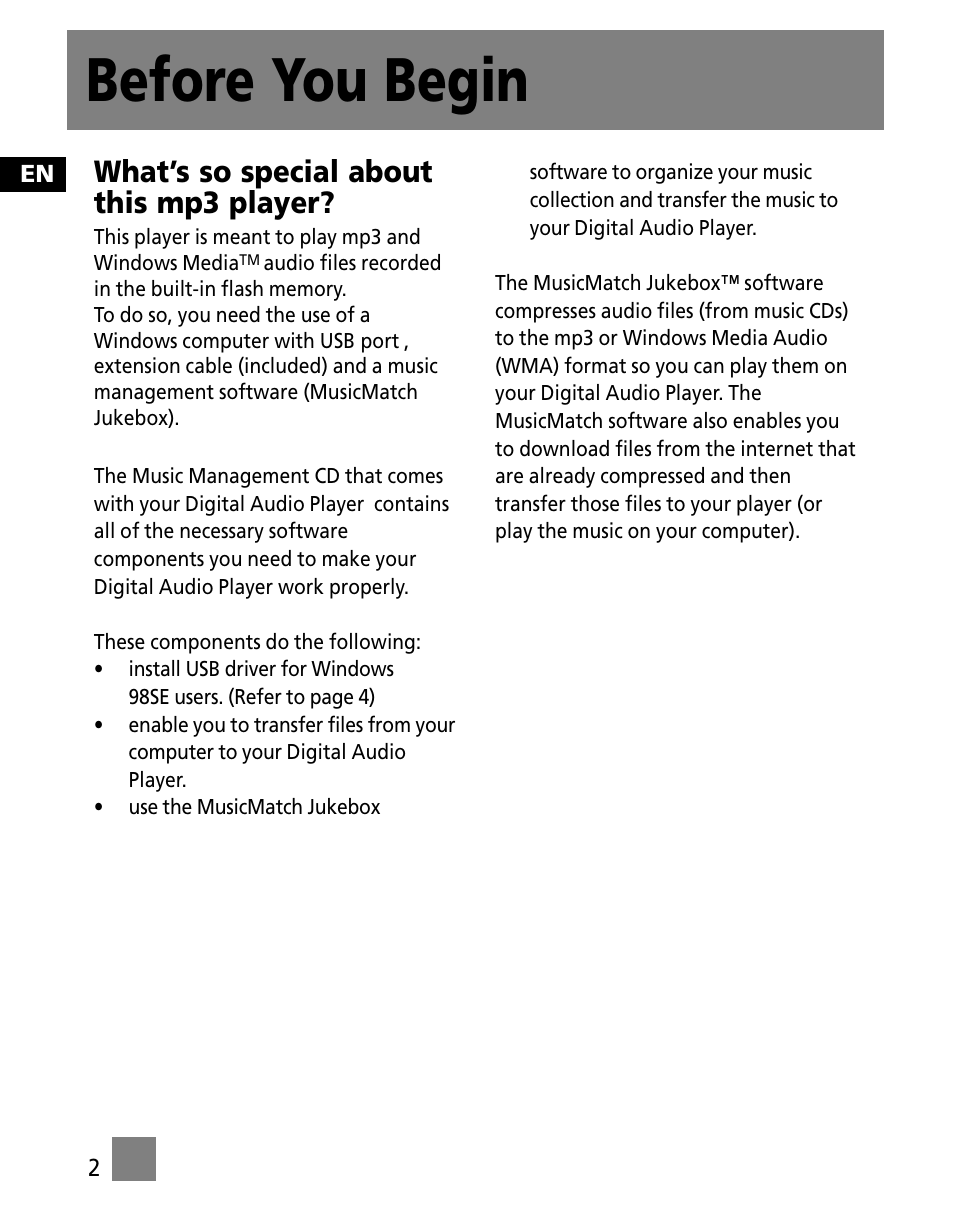 What’s so special about this mp3 player, Before you begin | RCA M200256 User Manual | Page 37 / 48