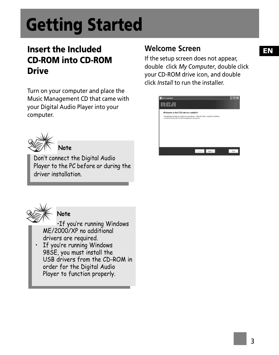 Getting started, Insert the included cd-rom into cd-rom drive | RCA M200256 User Manual | Page 38 / 48