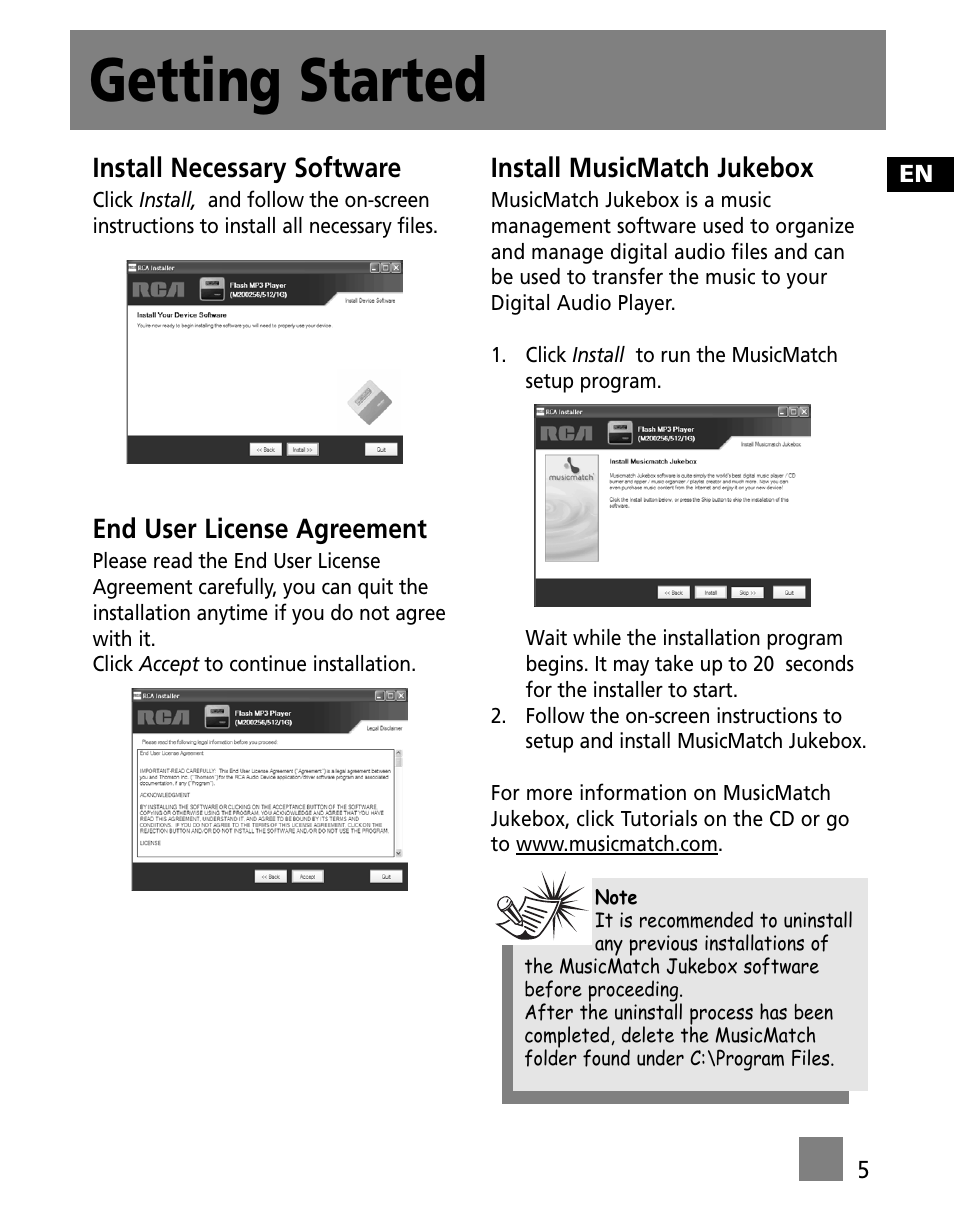 Getting started, Install necessary software, End user license agreement | Install musicmatch jukebox | RCA M200256 User Manual | Page 40 / 48