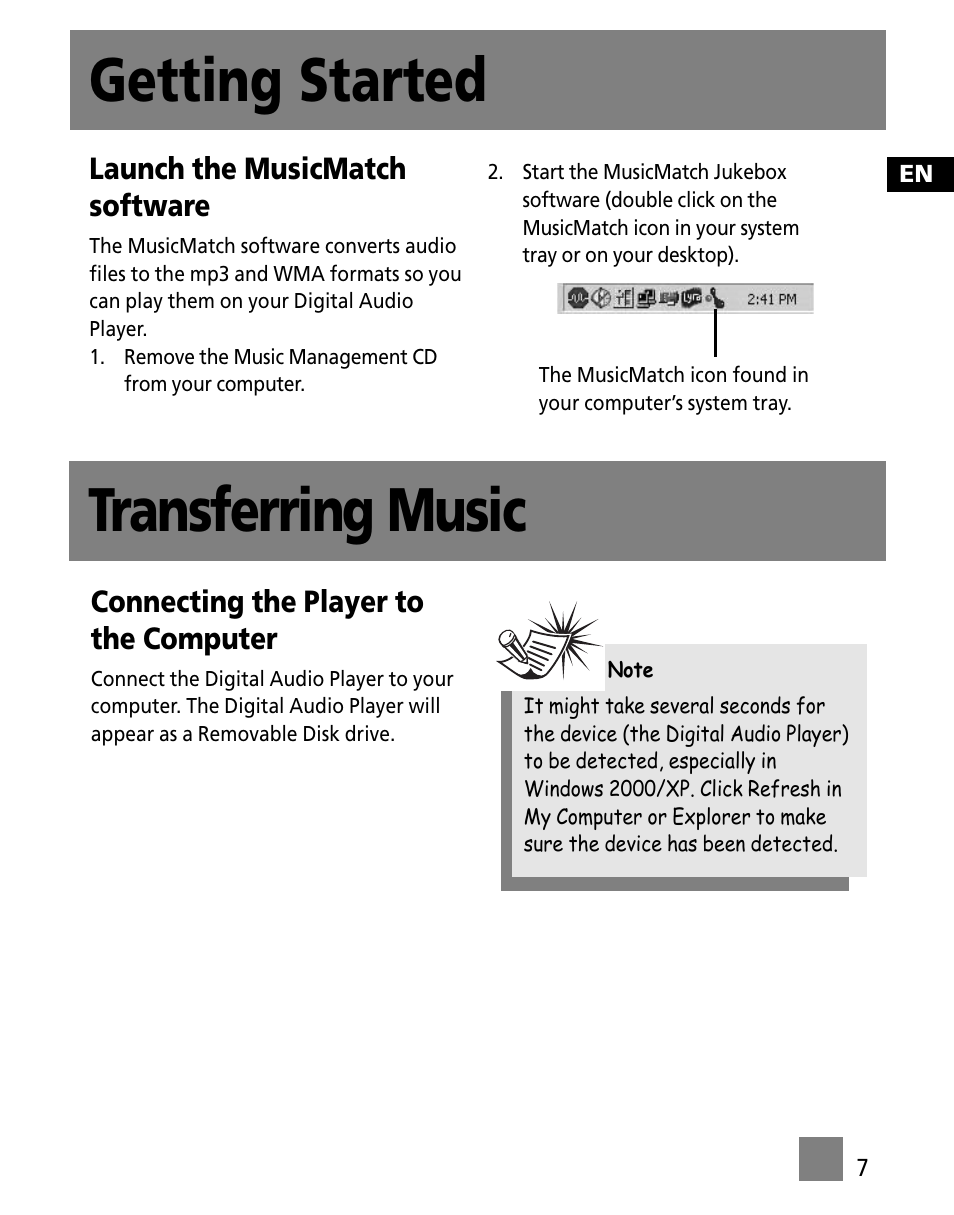 Launch the musicmatch software, Transferring music, Connecting the player to the computer | Getting started | RCA M200256 User Manual | Page 42 / 48