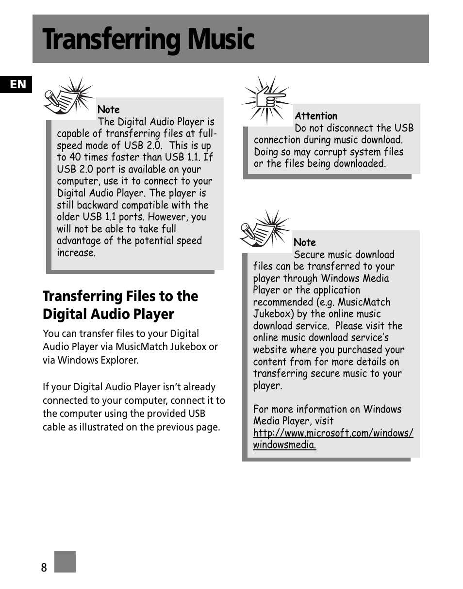 Transferring music, Transferring files to the digital audio player | RCA M200256 User Manual | Page 43 / 48