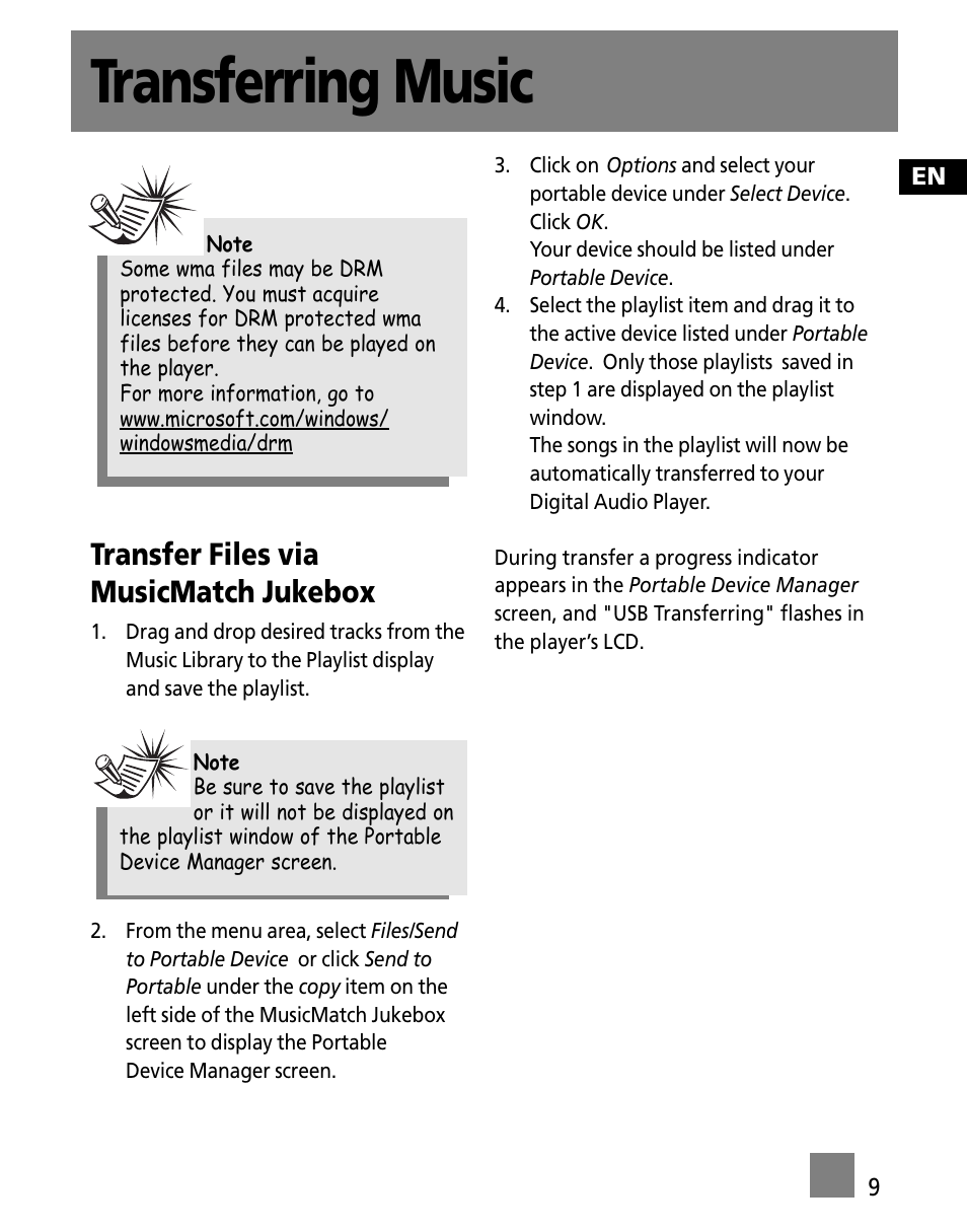 Transfer files via musicmatch jukebox, Transferring music | RCA M200256 User Manual | Page 44 / 48