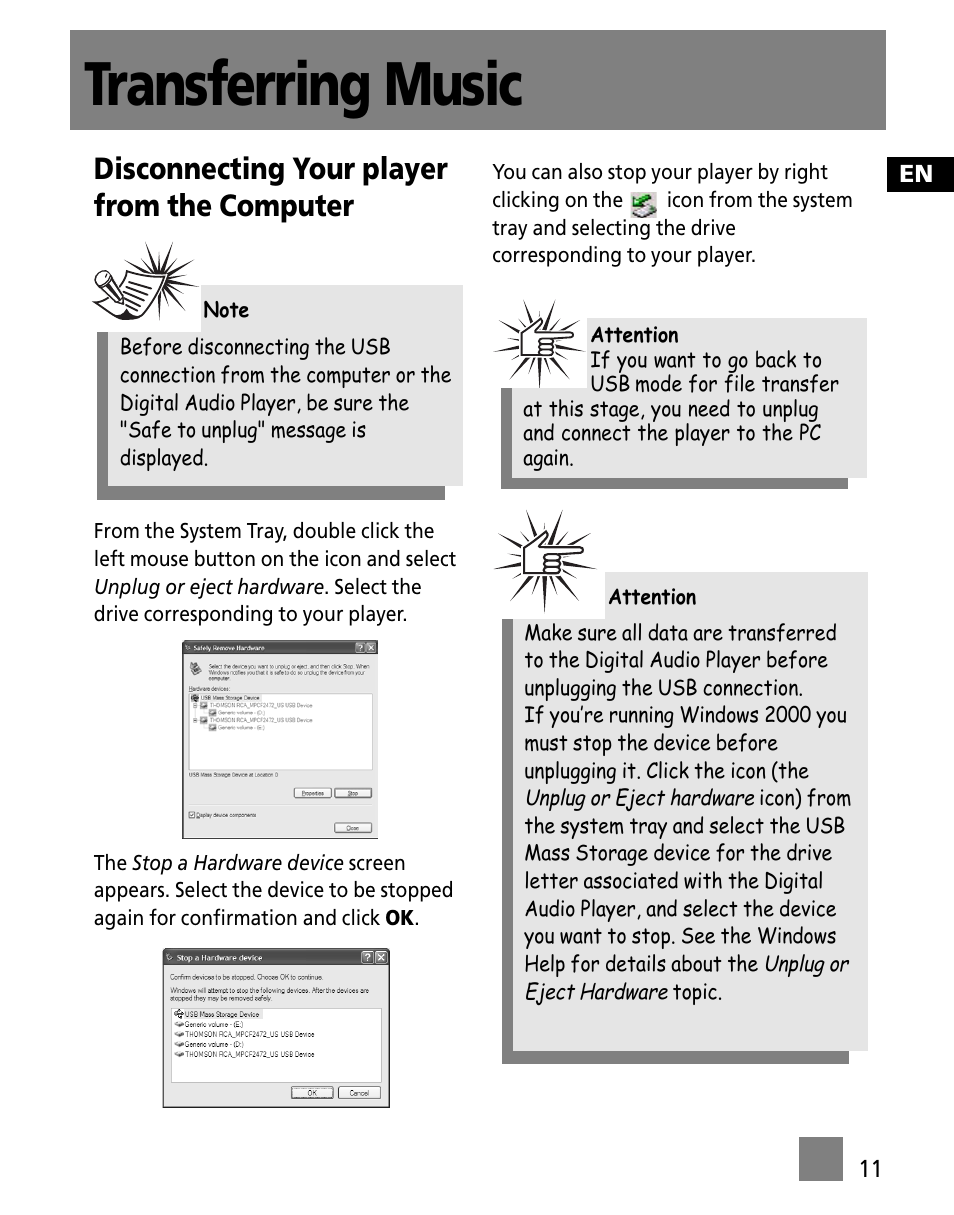 Disconnecting your player from the computer, Transferring music | RCA M200256 User Manual | Page 46 / 48