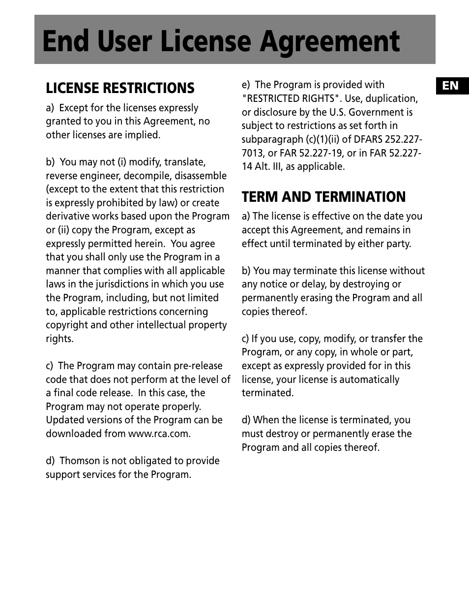 End user license agreement, License restrictions, Term and termination | RCA M200256 User Manual | Page 5 / 48