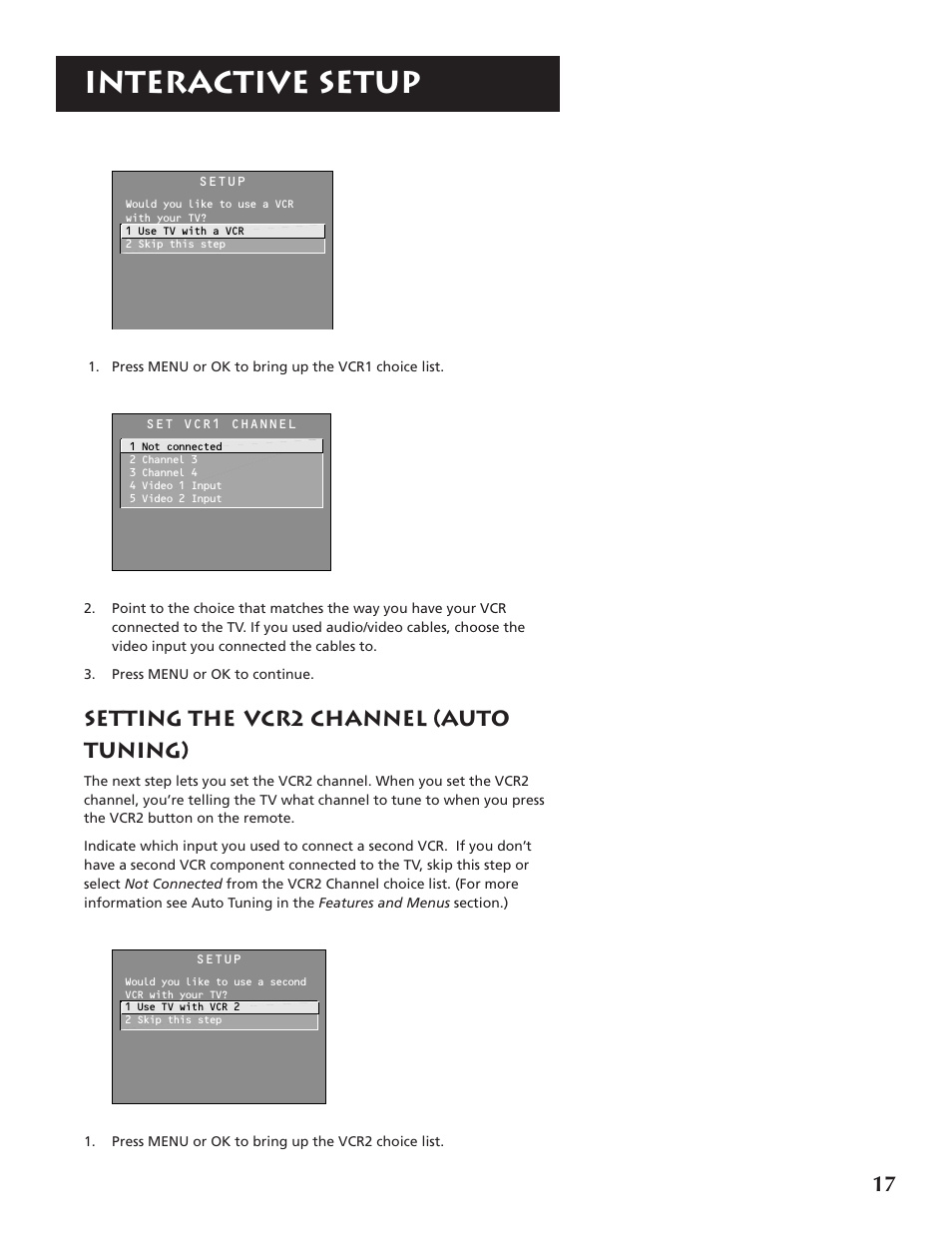 Interactive setup, Setting the vcr2 channel (auto tuning) | RCA P46921 User Manual | Page 19 / 64