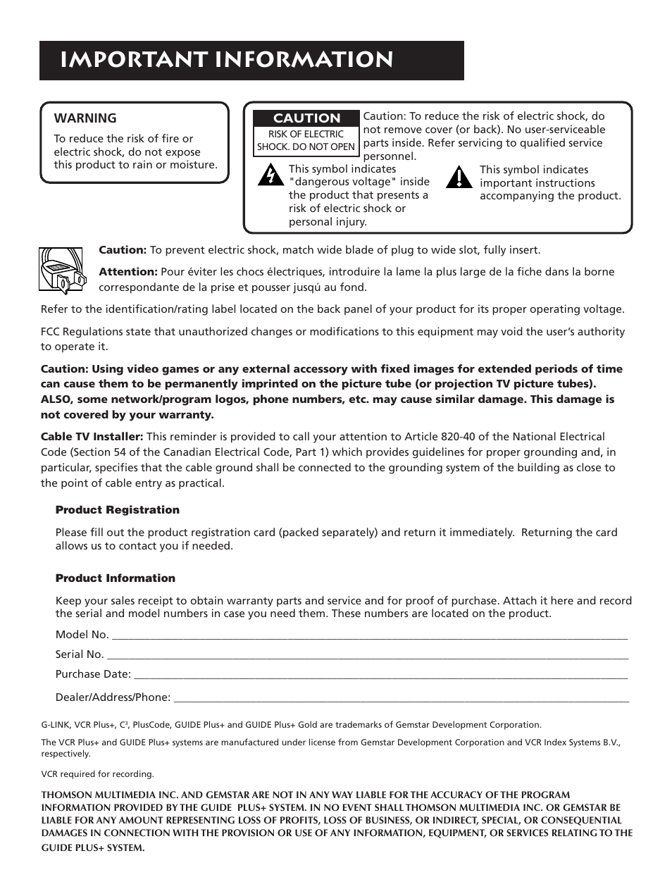 Important information | RCA P46921 User Manual | Page 2 / 64