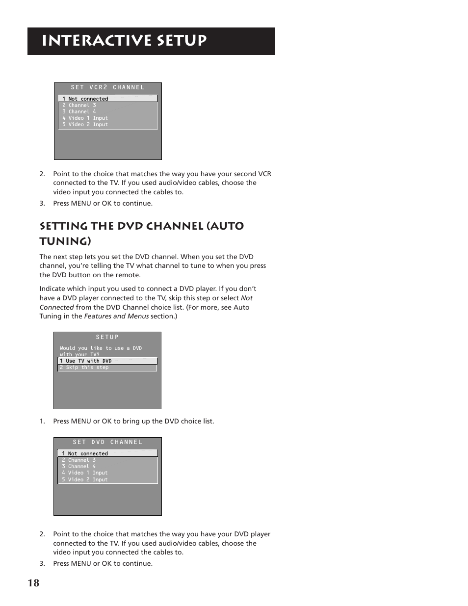 Interactive setup, Setting the dvd channel (auto tuning) | RCA P46921 User Manual | Page 20 / 64