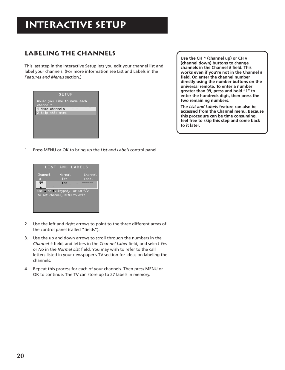 Interactive setup, 20 labeling the channels | RCA P46921 User Manual | Page 22 / 64