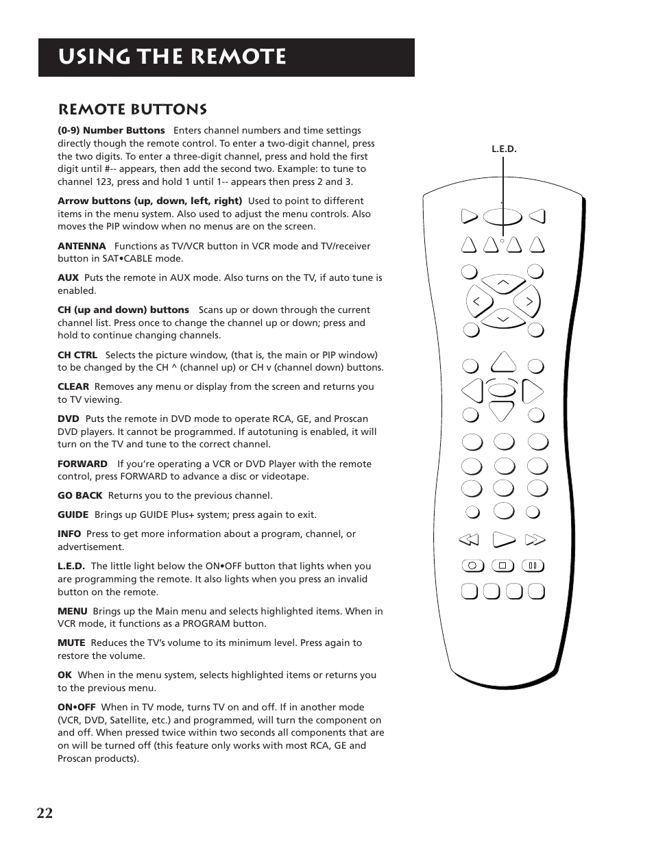 Using the remote, 22 remote buttons | RCA P46921 User Manual | Page 24 / 64
