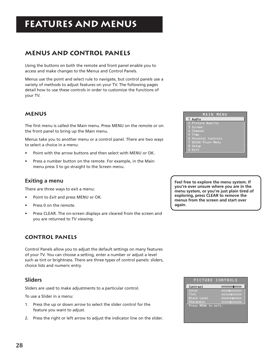 Features and menus, Menus and control panels | RCA P46921 User Manual | Page 30 / 64