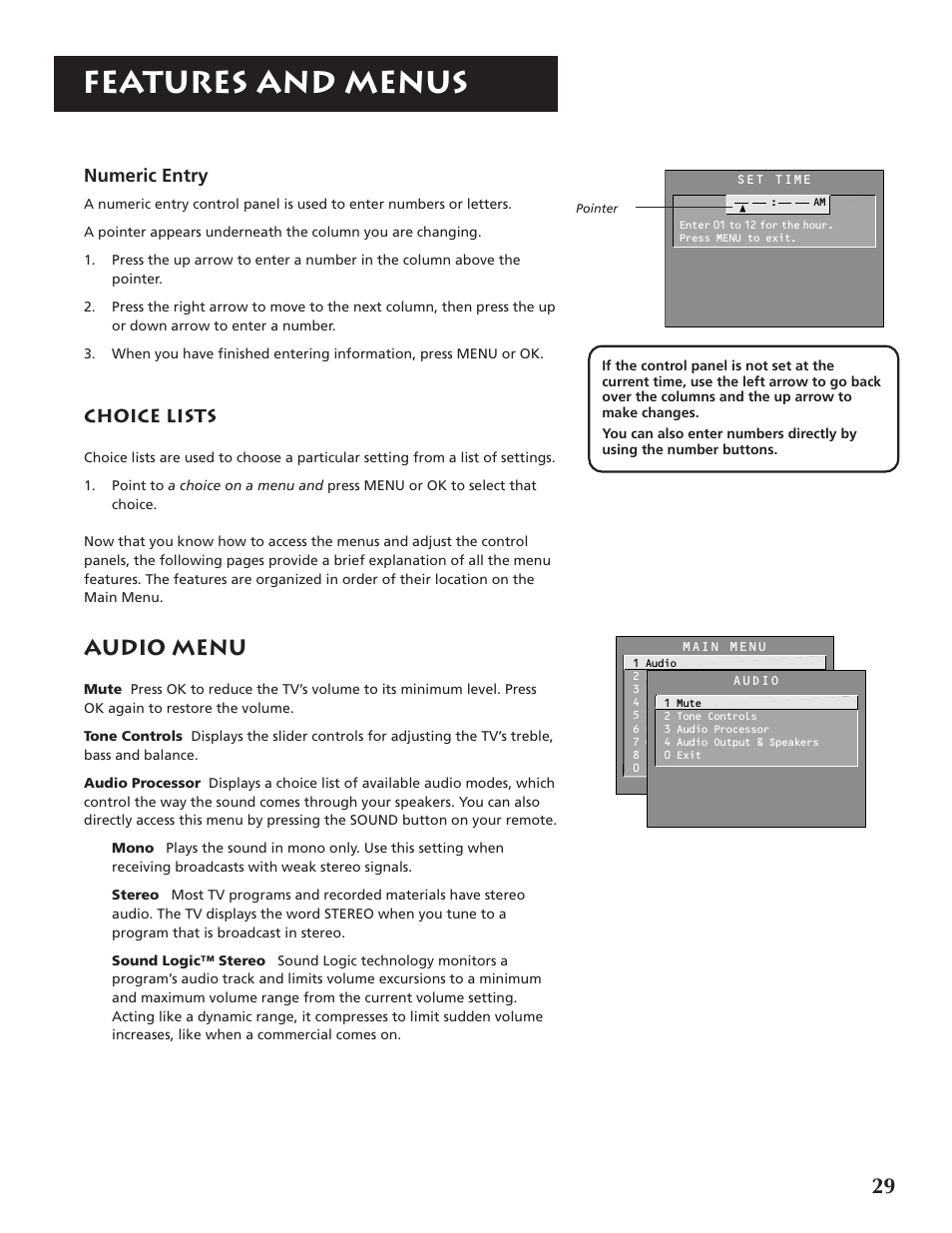 Features and menus, Audio menu, Numeric entry | Choice lists | RCA P46921 User Manual | Page 31 / 64