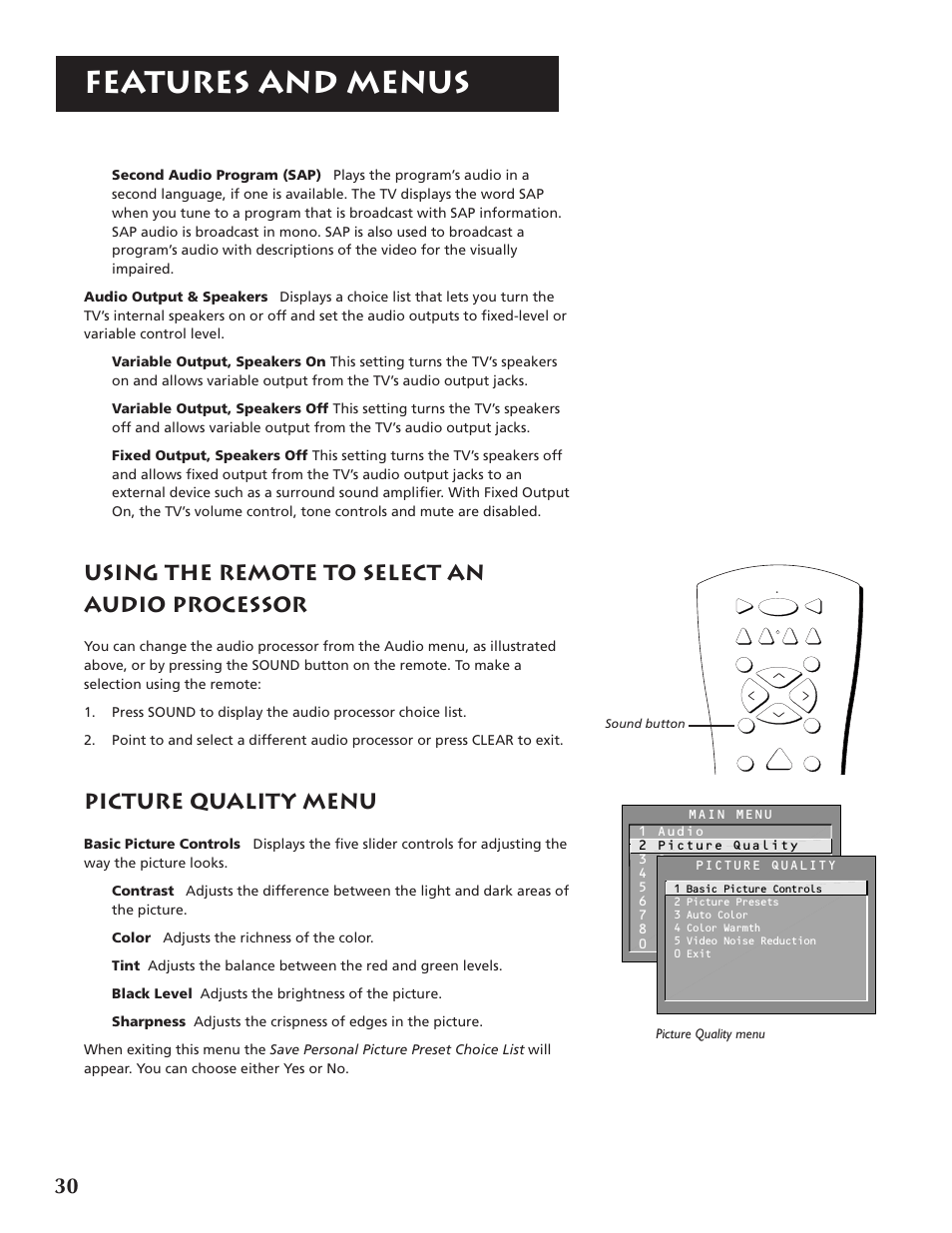 Features and menus, Using the remote to select an audio processor, Picture quality menu | RCA P46921 User Manual | Page 32 / 64