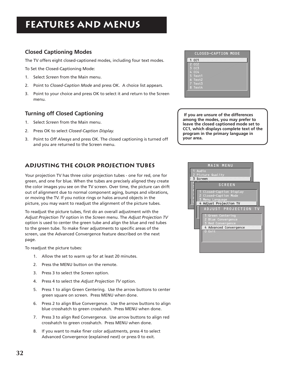 Features and menus, Closed captioning modes, Turning off closed captioning | Adjusting the color projection tubes | RCA P46921 User Manual | Page 34 / 64