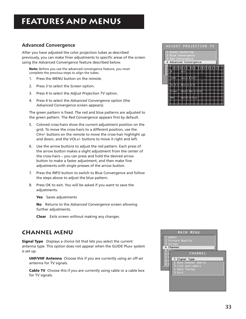 Features and menus, Channel menu, Advanced convergence | RCA P46921 User Manual | Page 35 / 64