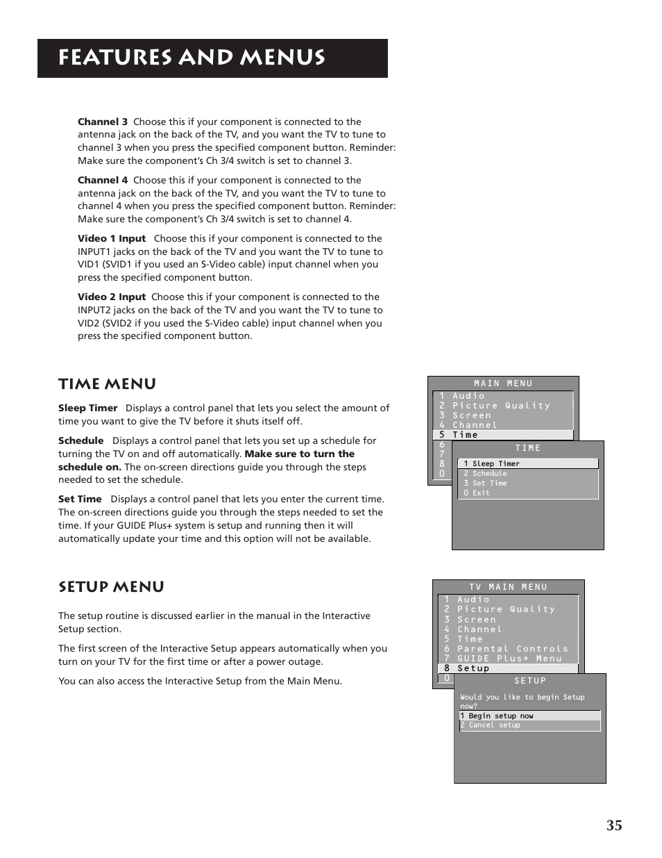 Features and menus, Time menu, Setup menu | RCA P46921 User Manual | Page 37 / 64