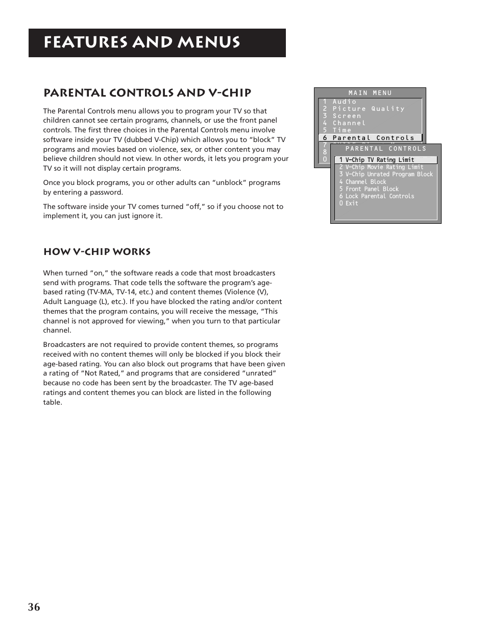 Features and menus, Parental controls and v-chip | RCA P46921 User Manual | Page 38 / 64