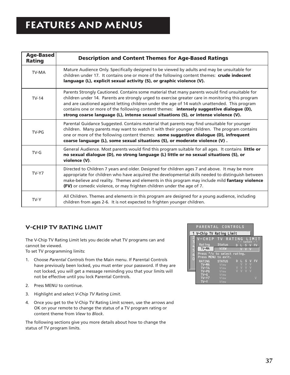 Features and menus, V-chip tv rating limit, Age-based rating | RCA P46921 User Manual | Page 39 / 64