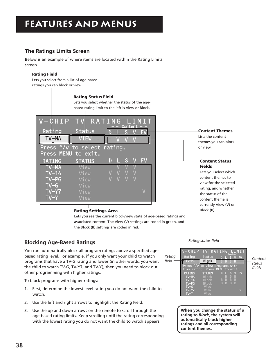 Features and menus, V-chip tv rating limit, Rating status tv-ma view | Tv-14, Tv-pg, Tv-g, Tv-y7, Tv-y, View | RCA P46921 User Manual | Page 40 / 64