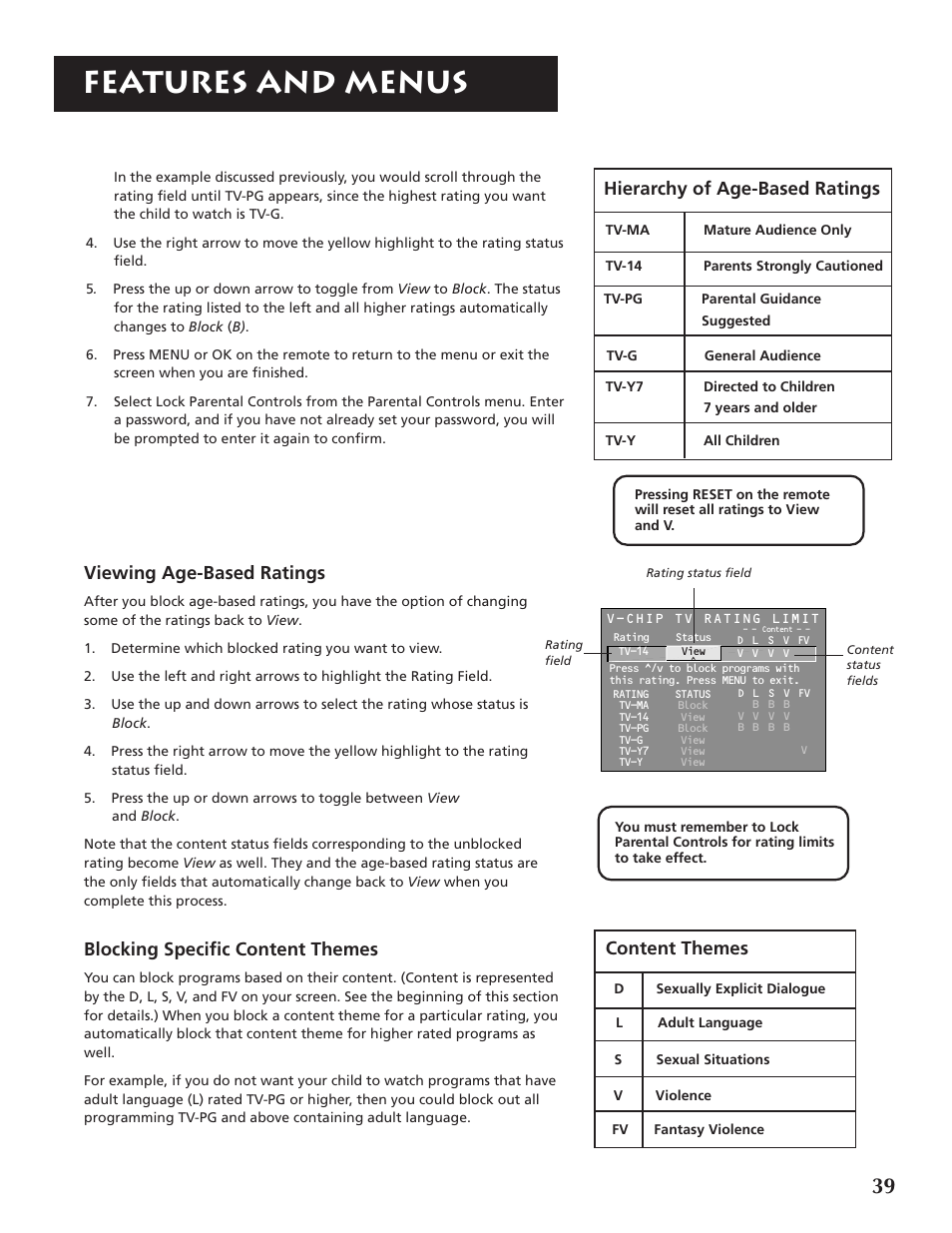 Features and menus, Hierarchy of age-based ratings, Viewing age-based ratings | Blocking specific content themes, Content themes | RCA P46921 User Manual | Page 41 / 64