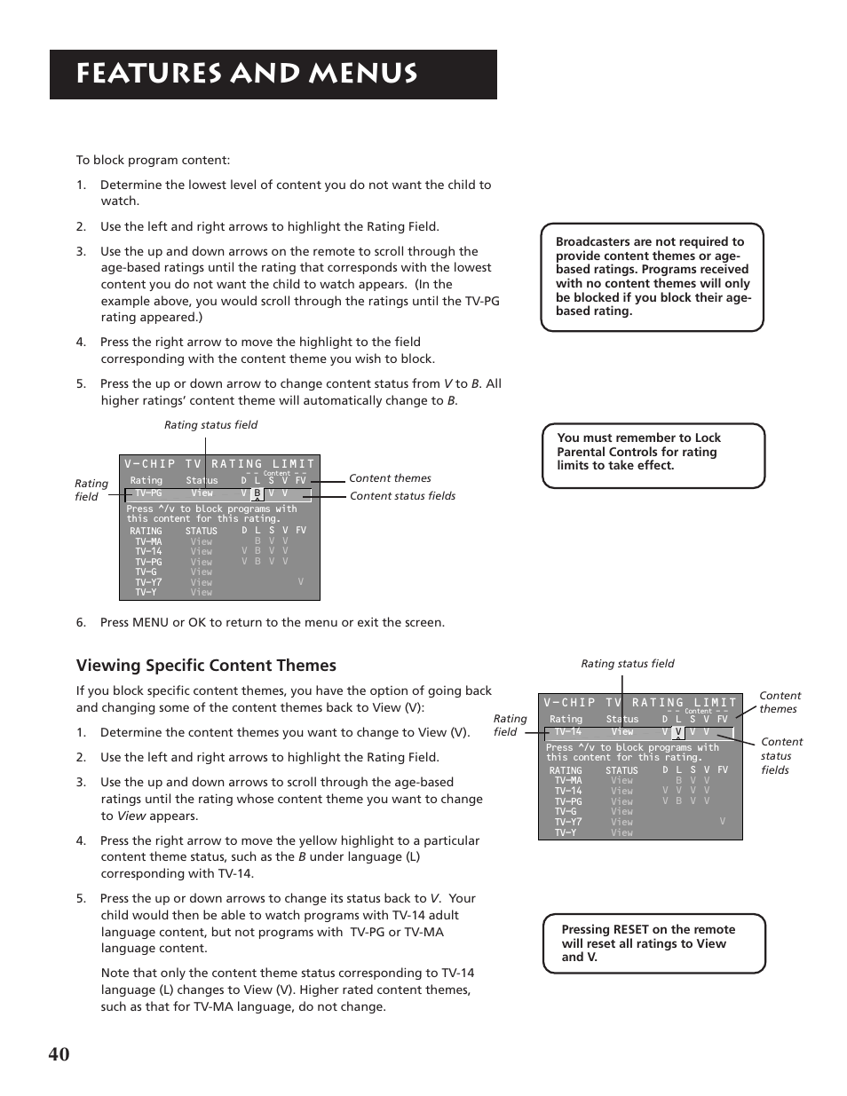 Features and menus, Viewing specific content themes | RCA P46921 User Manual | Page 42 / 64