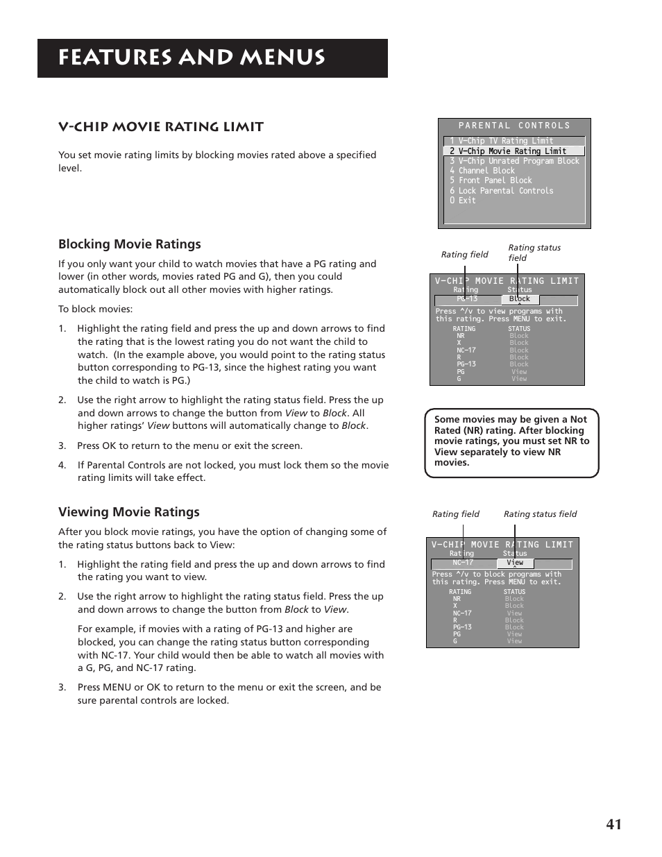 Features and menus, V-chip movie rating limit, Blocking movie ratings | Viewing movie ratings | RCA P46921 User Manual | Page 43 / 64