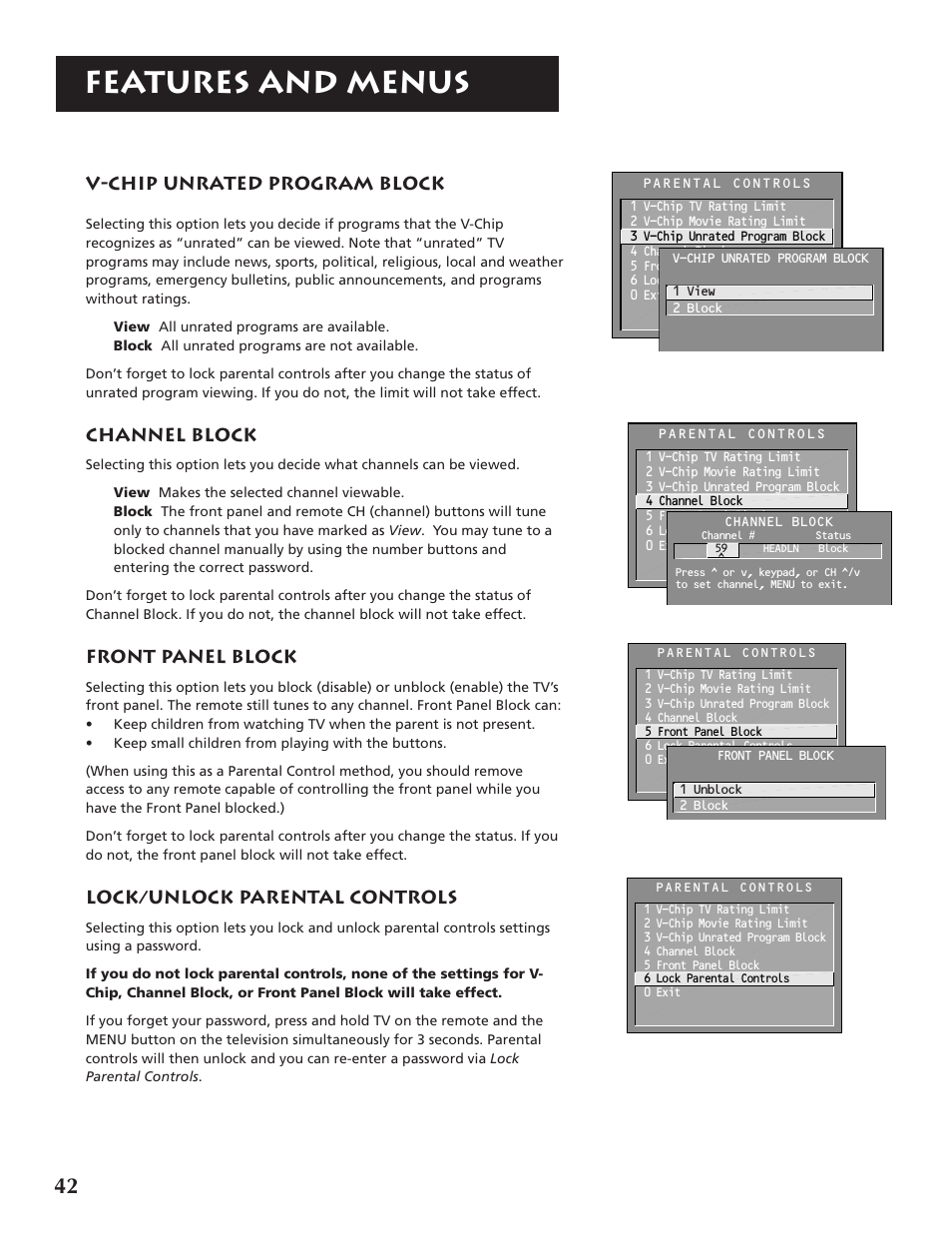 Features and menus, V-chip unrated program block, Channel block | Front panel block, Lock/unlock parental controls | RCA P46921 User Manual | Page 44 / 64