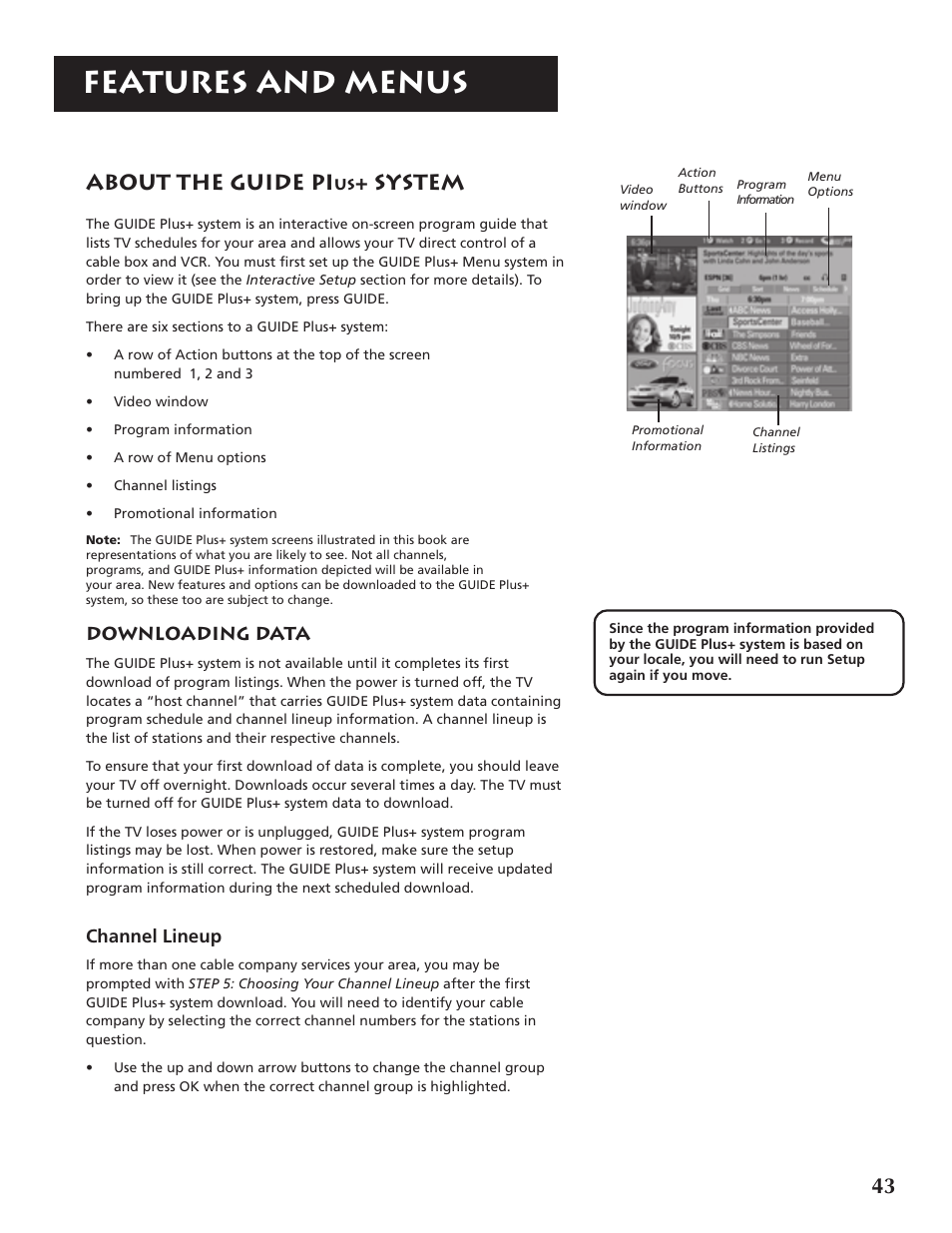 Features and menus, About the guide pi, System | RCA P46921 User Manual | Page 45 / 64